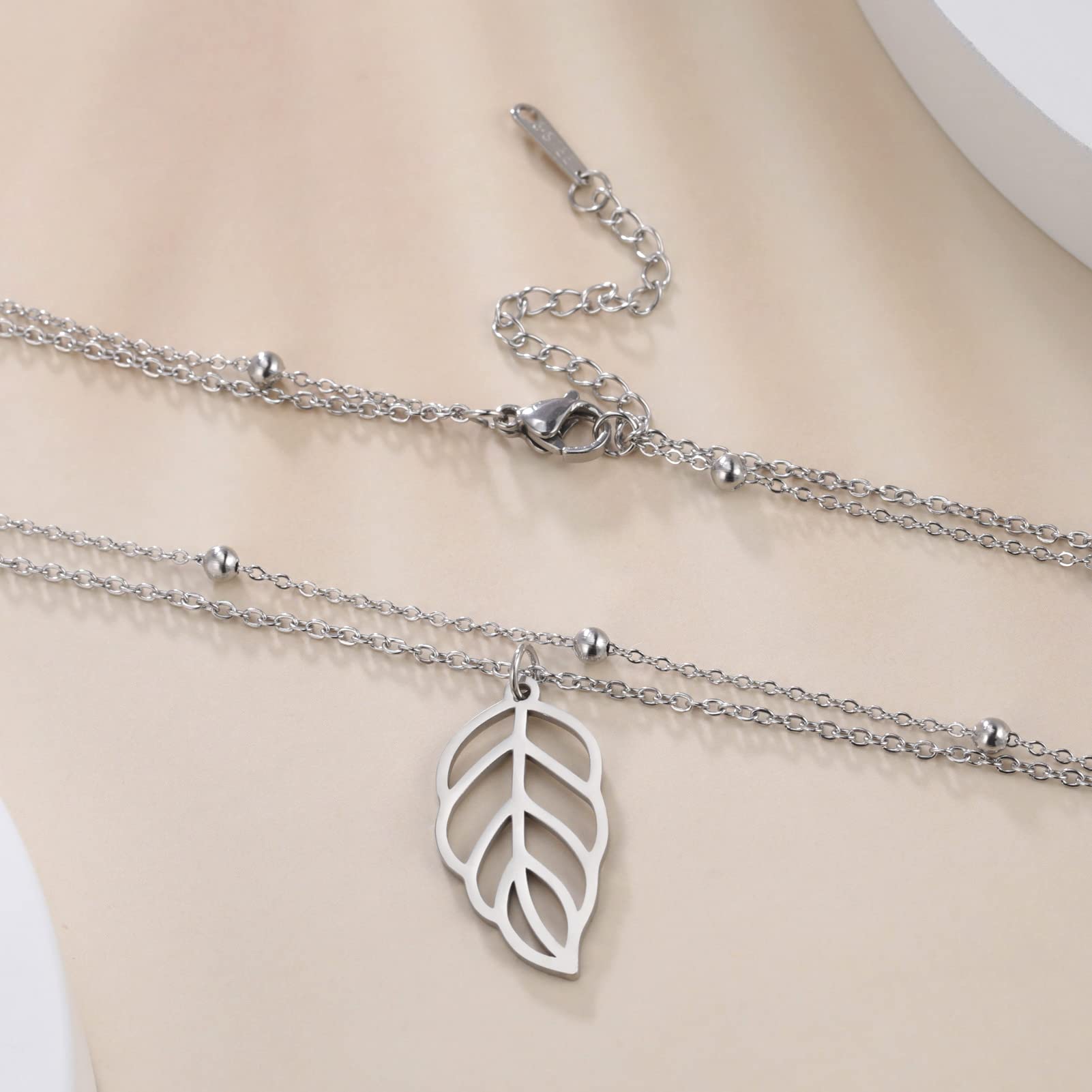 EUEAVAN Necklaces Collana Acciaio Foglia Doppia Catena Donna