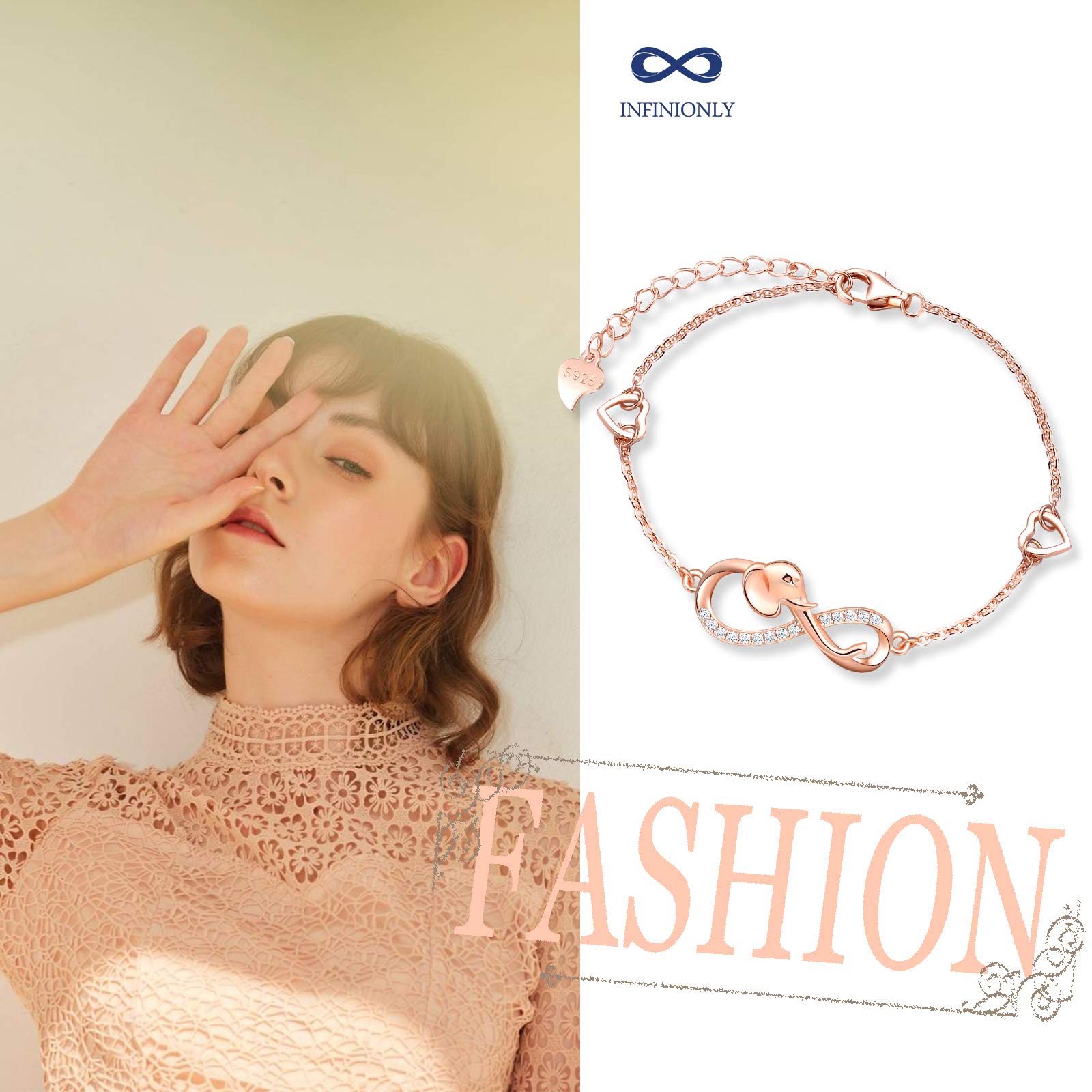 INFINIONLY Fashion Elefante Bracciale Oro Rosa Cuore 925
