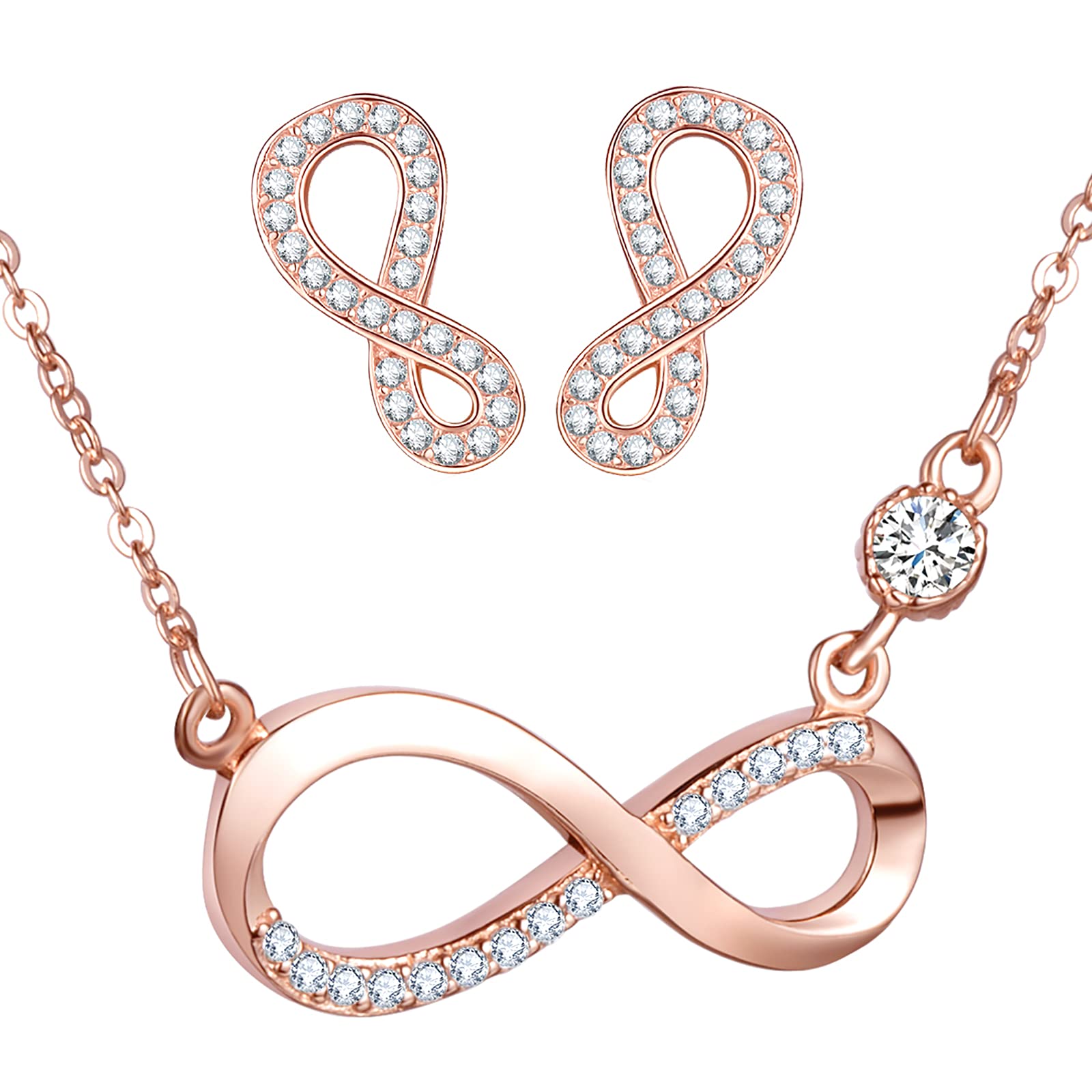 INFINIONLY Collana Orecchini Infinito Parure Oro Rosa Zirconi