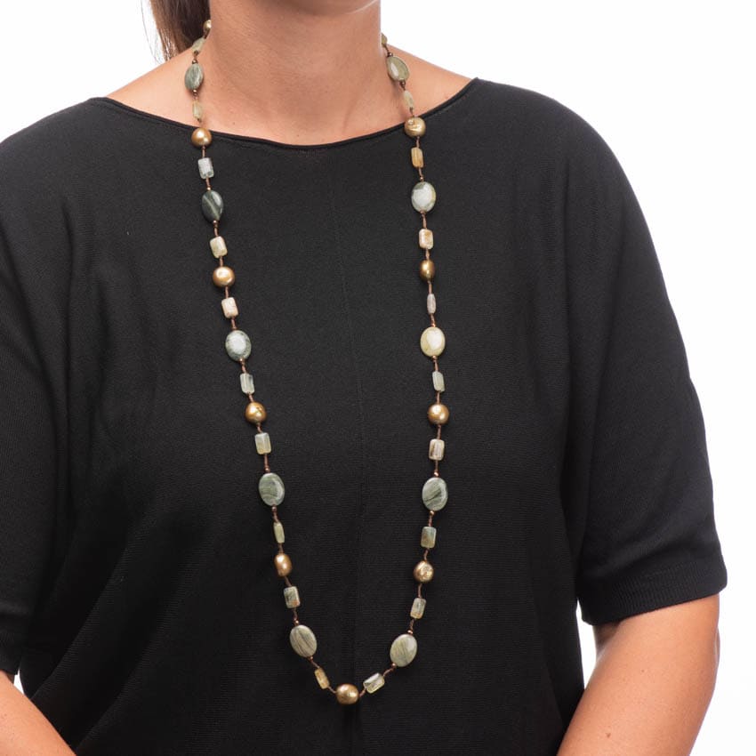 Chic Ad Hoc Collana Lunga Perle Verdi Acquamarina