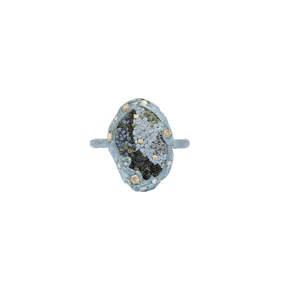 Le Sibille Meteorite Anello Azzurro titanio oro bianco