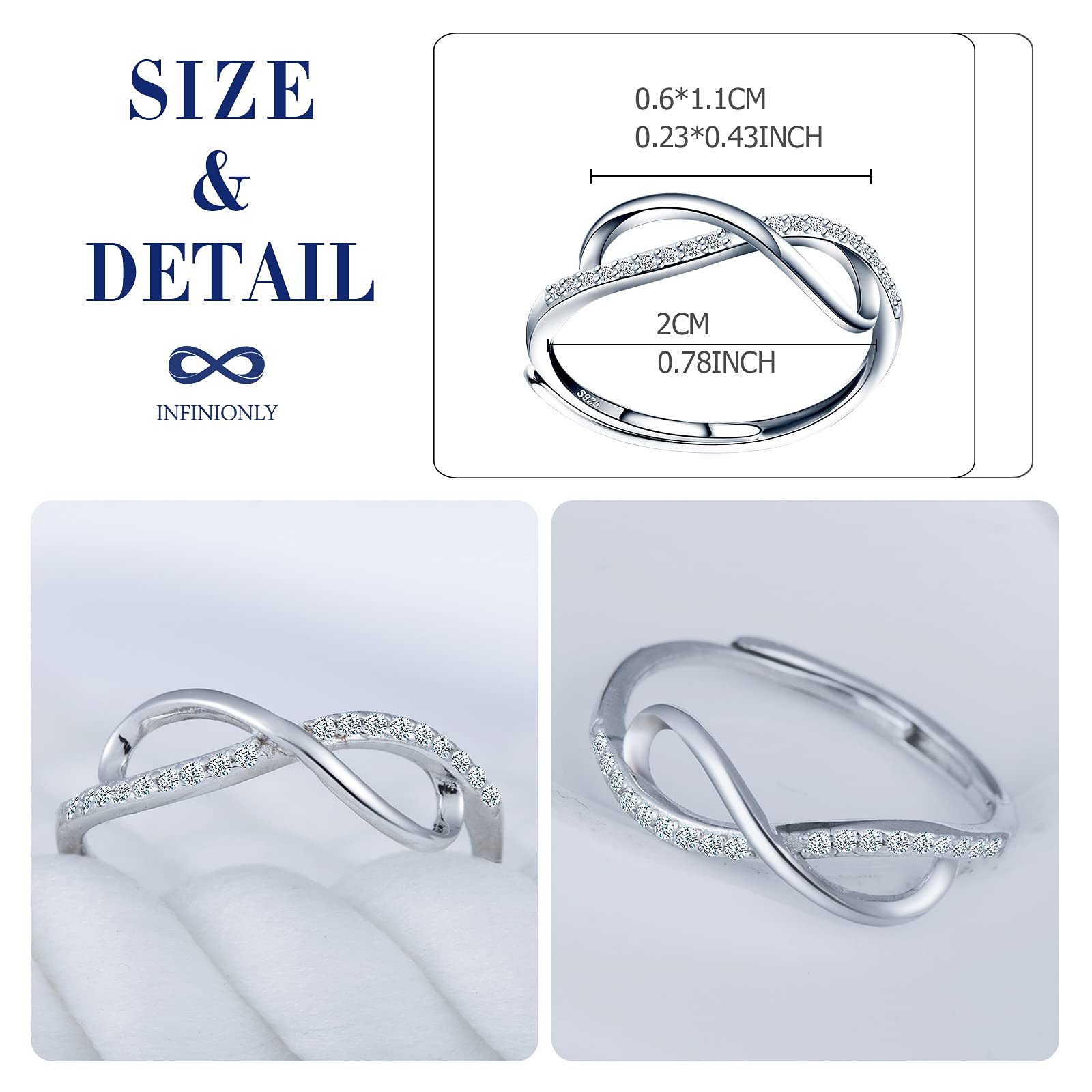 Infinionly Fashion anello infinito aperto argento 925 zircone
