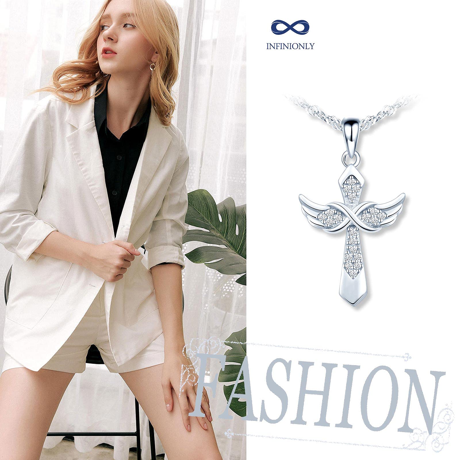 INFINIONLY Fashion Collana Croce Ala Argento 925 Zirconi
