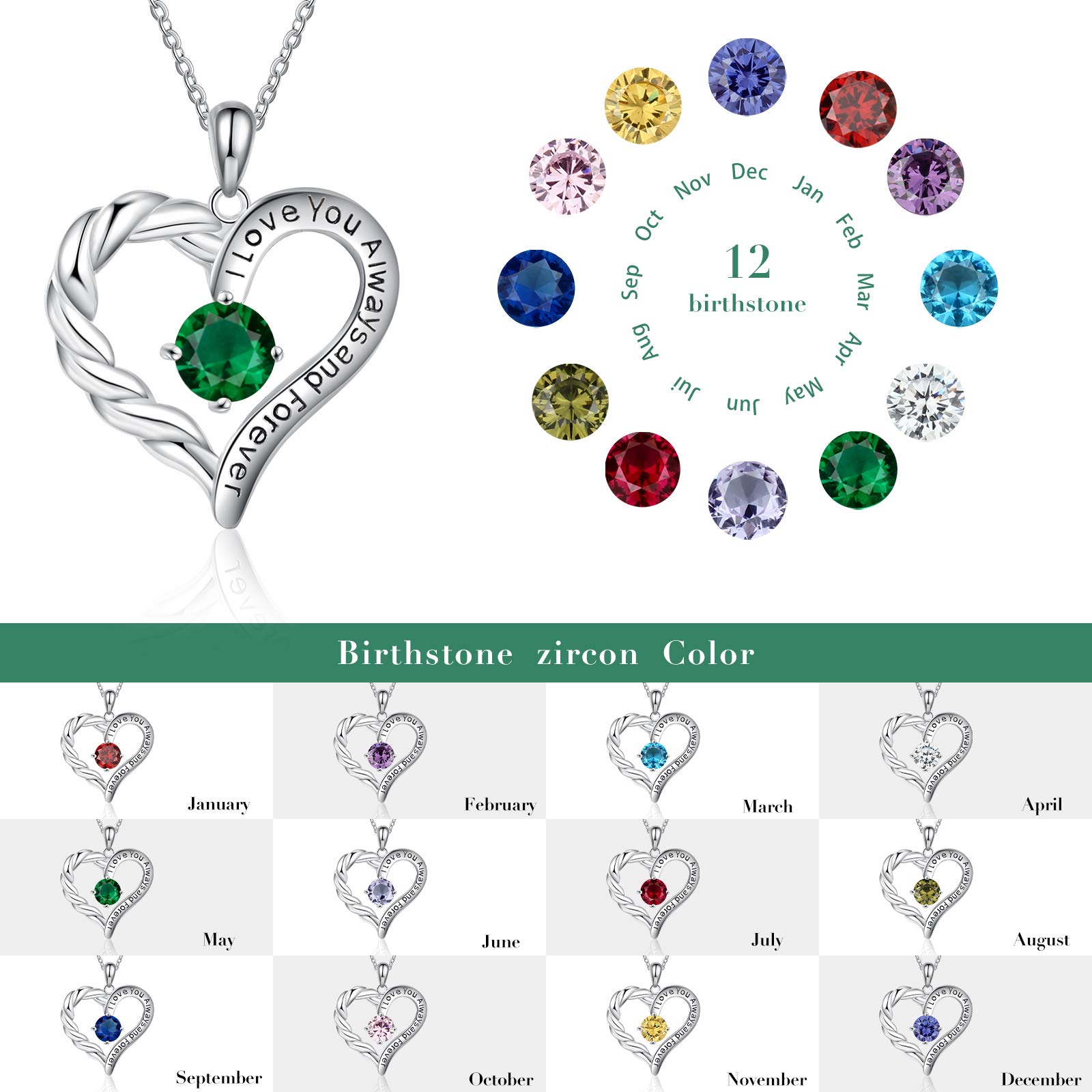 Jessemade Cuore collana argento 925 birthstone catena cuore