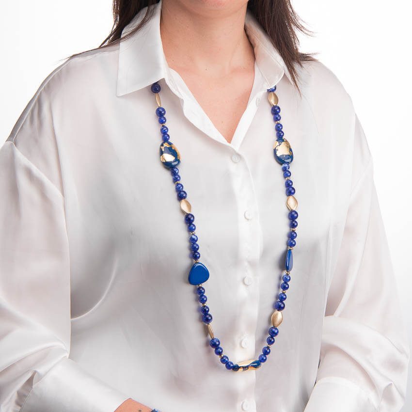 Chic Ad Hoc Collane Lunga Resina Blu e Foglia Oro Collana