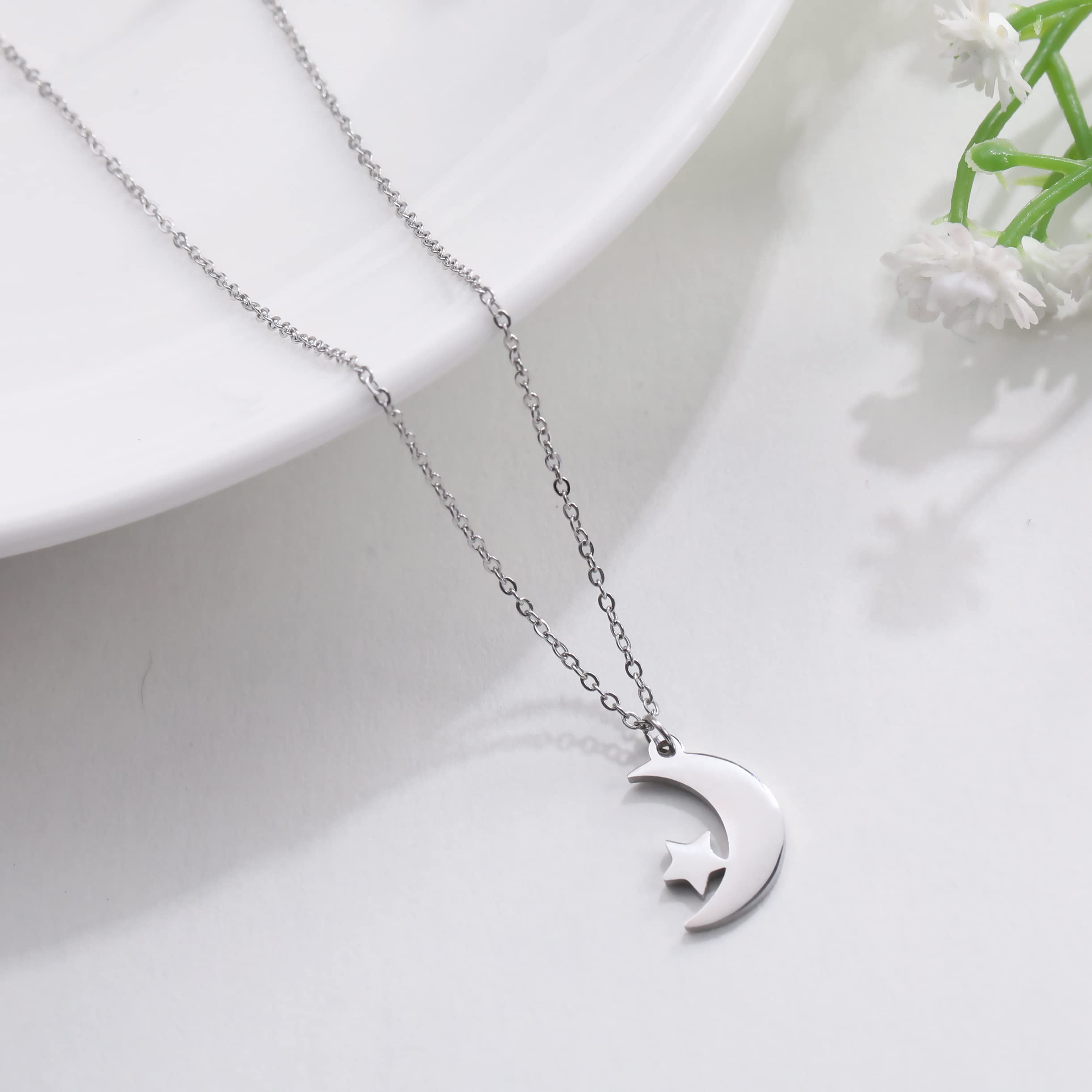 EUEAVAN Necklaces Collana Luna Stella Argento Acciaio