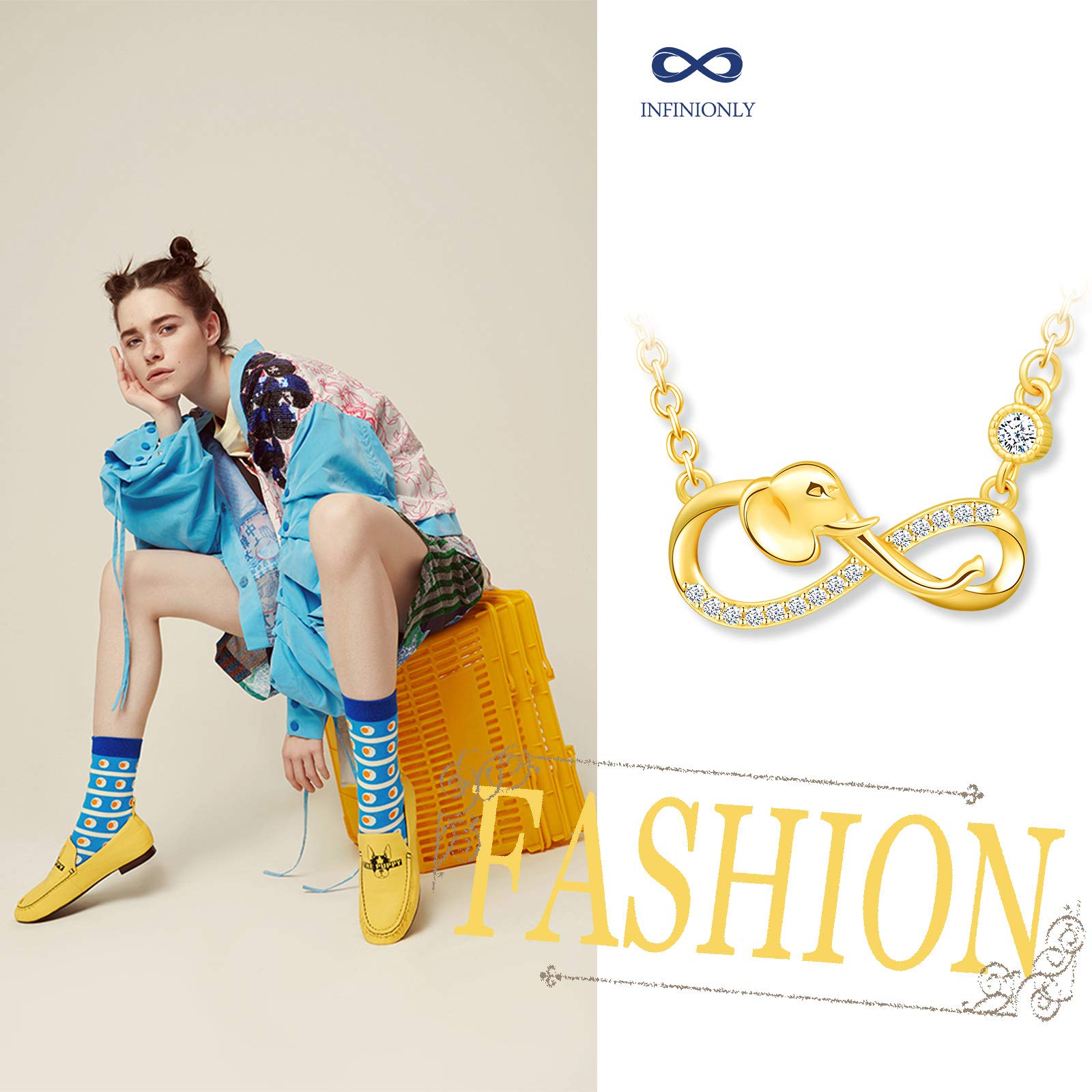 INFINIONLY Fashion Necklaces Gold-Necklace collana oro elefante zirconi