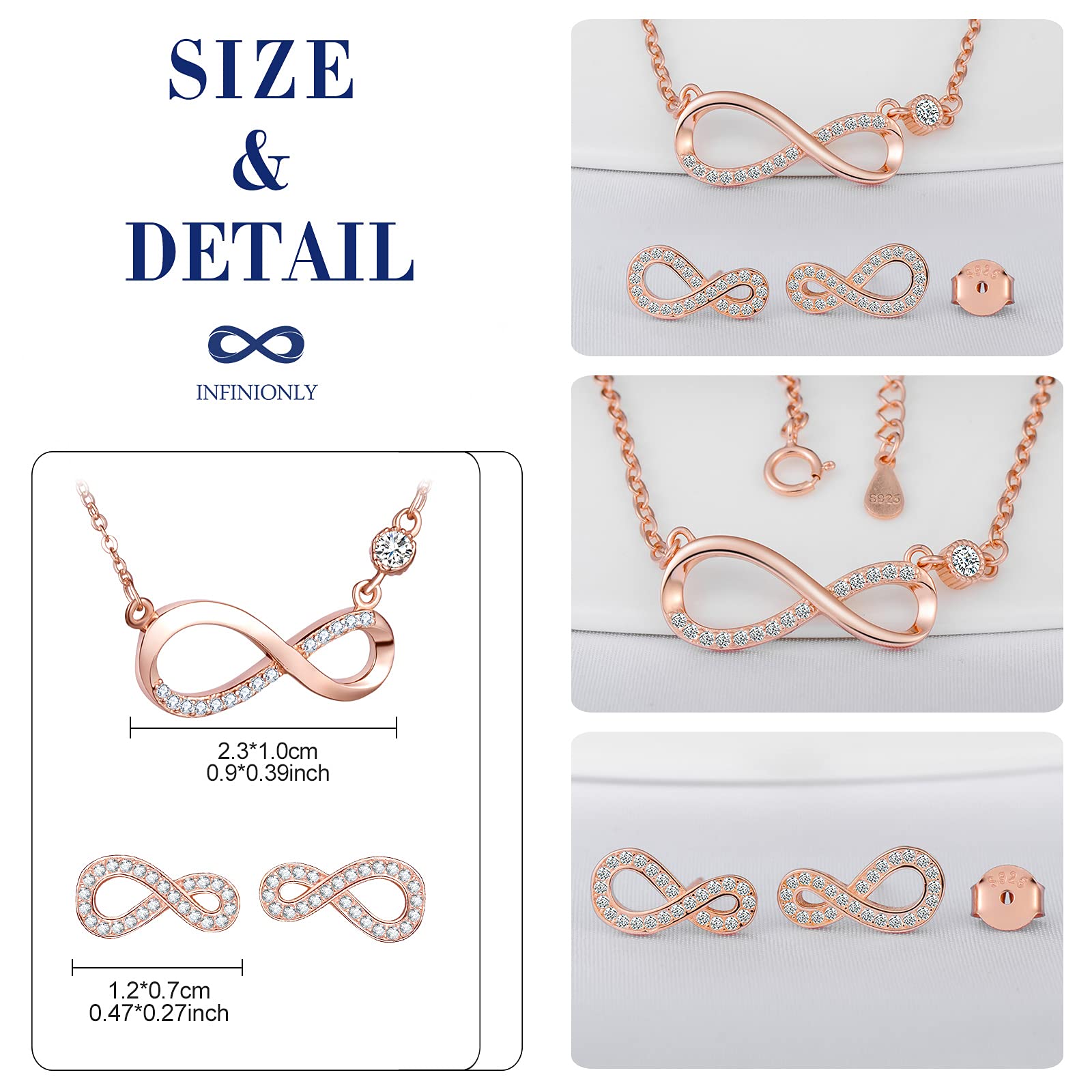 INFINIONLY Collana Orecchini Infinito Parure Oro Rosa Zirconi
