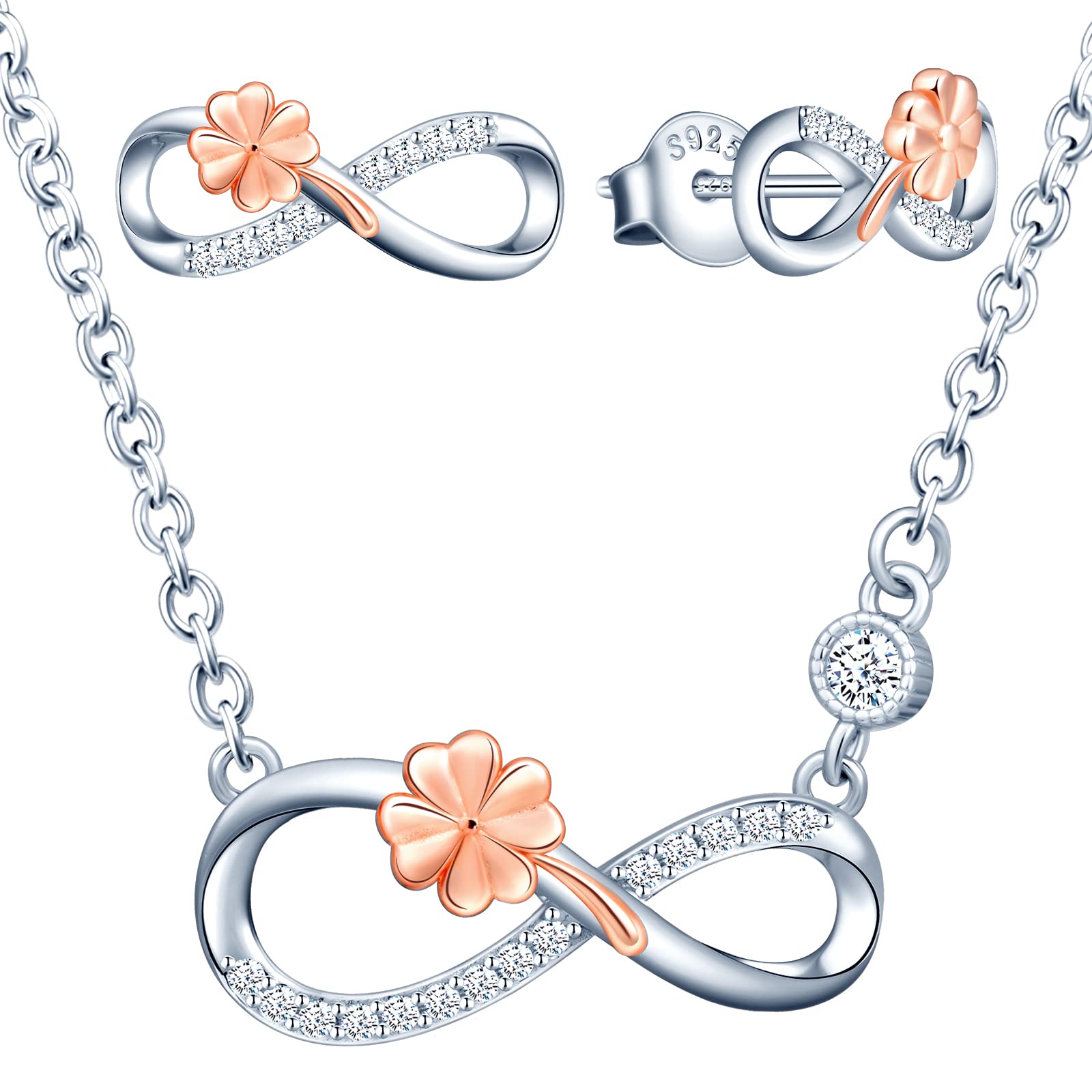 INFINIONLY Fashion Collana Quadrifoglio Oro Rosa Argento 925