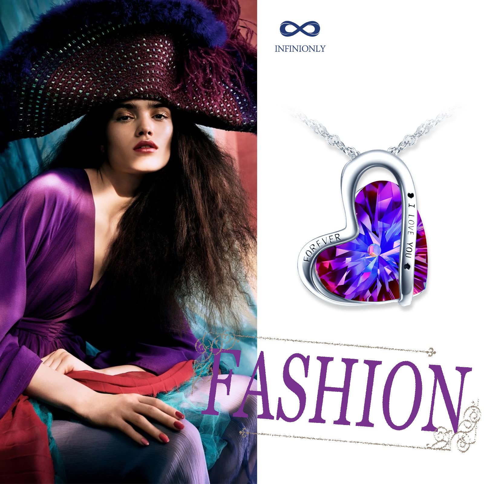 INFINIONLY Cuore dell'Oceano collana cuore argento viola 45 cm