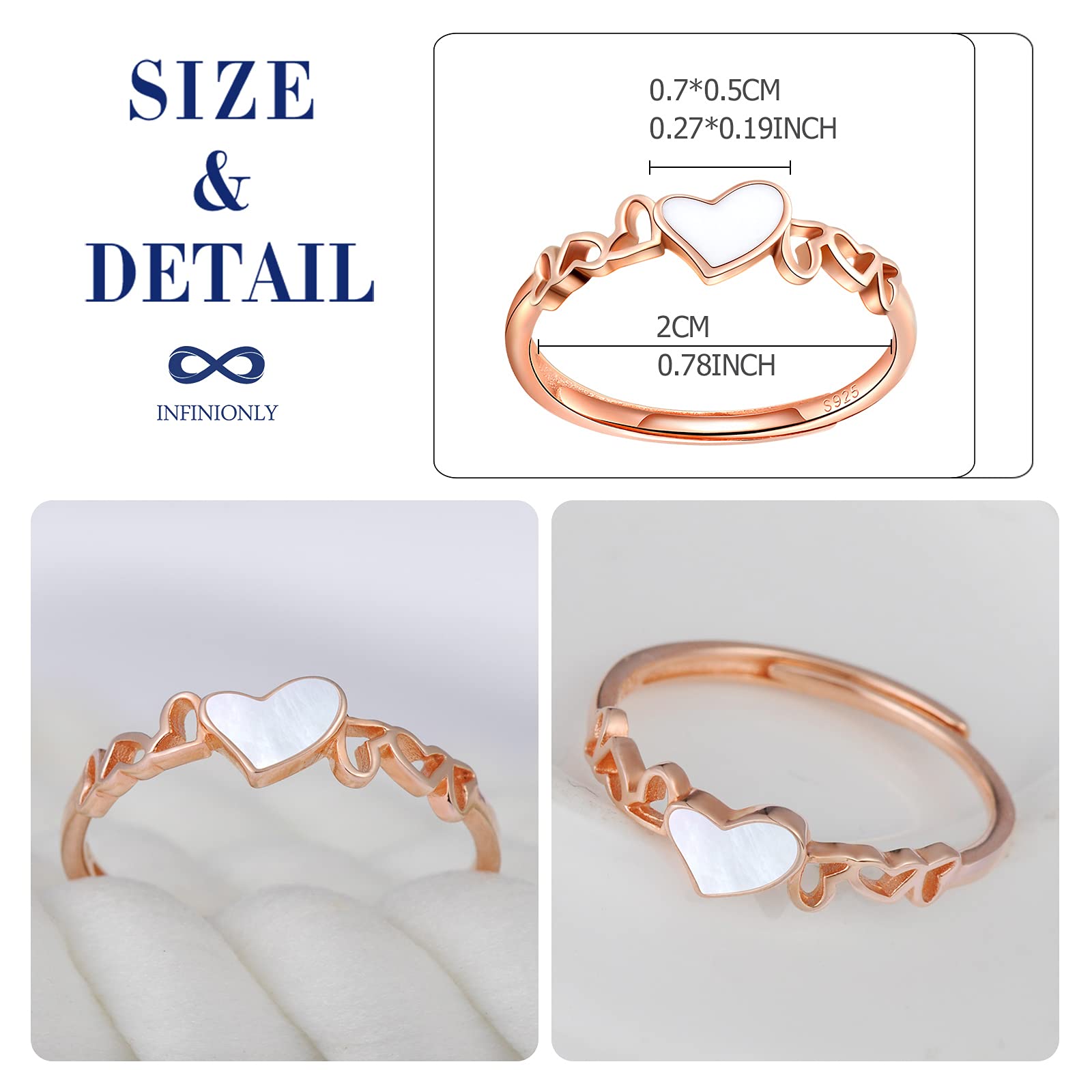 INFINIONLY Fashion Rings anello argento 925 cuore oro rosa regolabile