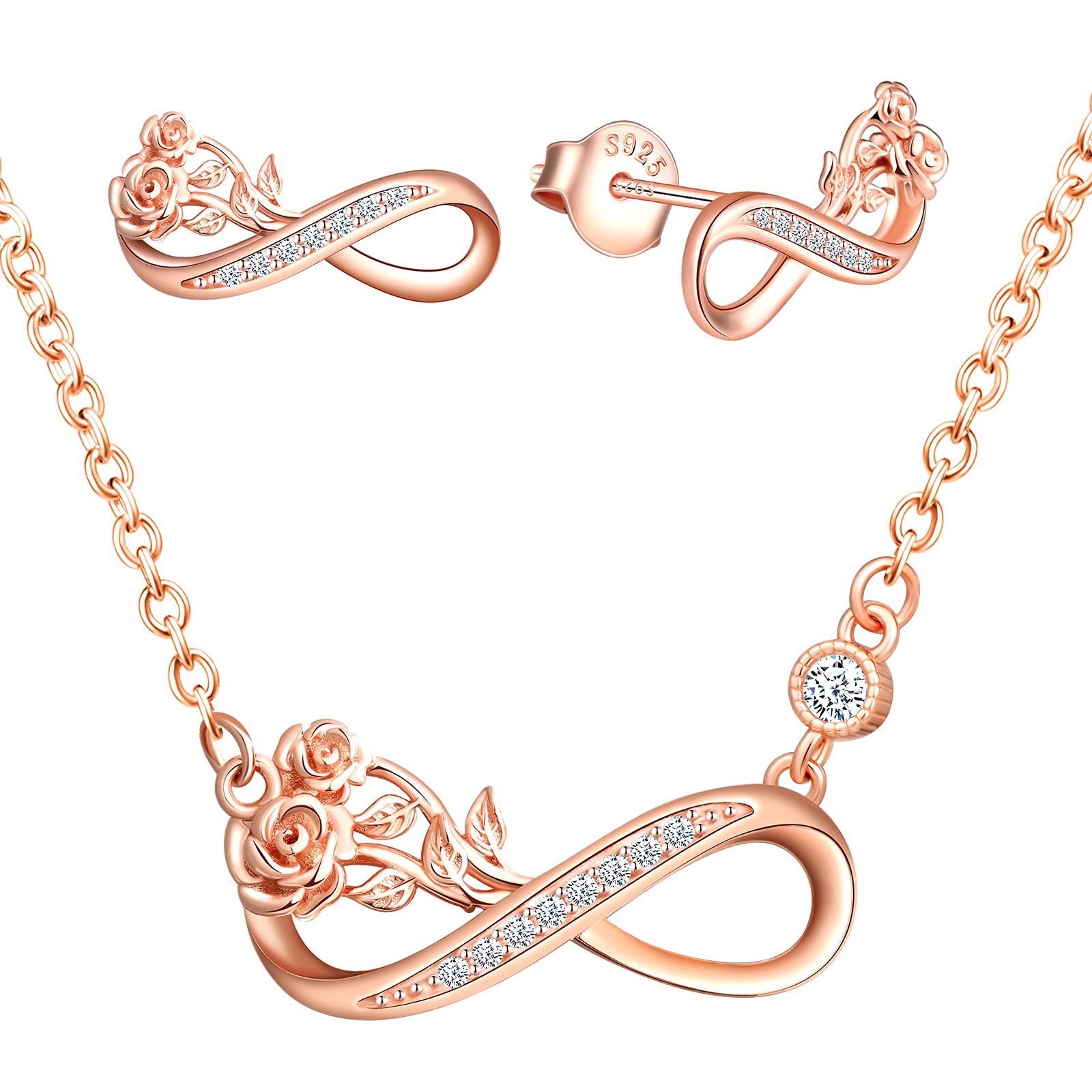 INFINIONLY Fashion Collana Rosa Oro Rosa Argento 925 Zirconi