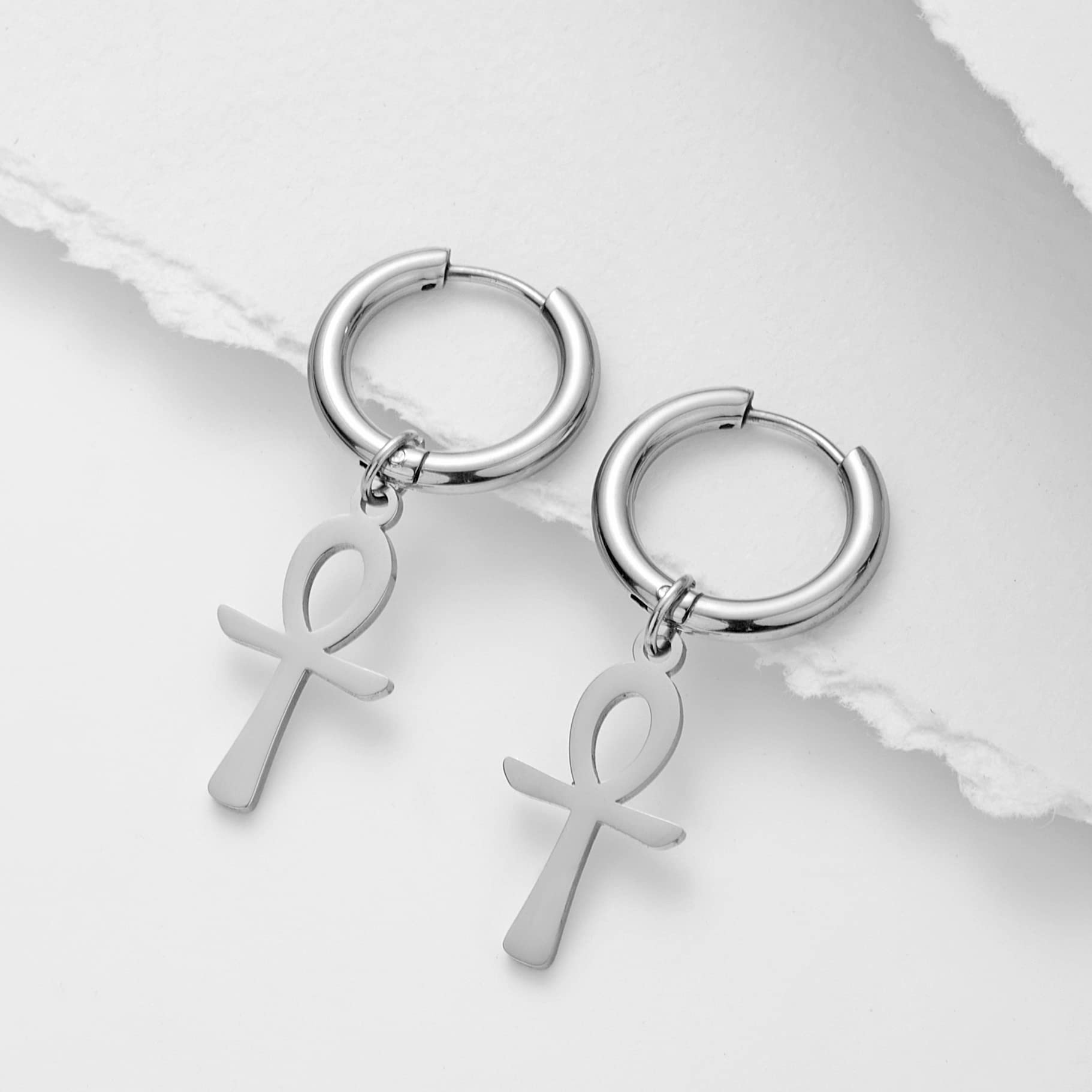 EUEAVAN Ankh Croce Egiziana Orecchini Acciaio Argento Amuleto