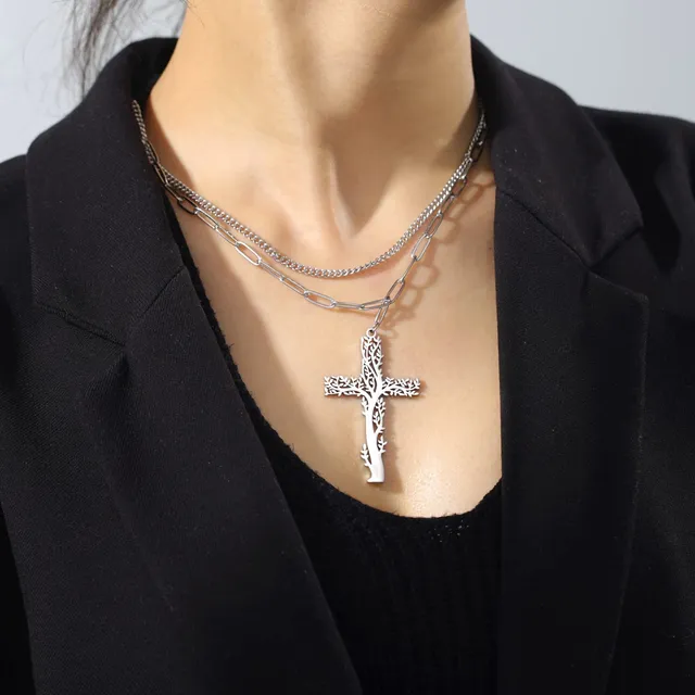 EUEAVAN Collana Albero Vita Croce Acciaio Inox Strati
