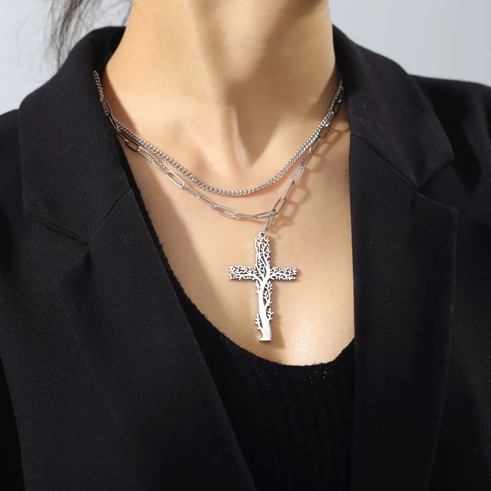EUEAVAN Collana Albero Vita Croce Acciaio Inox Strati