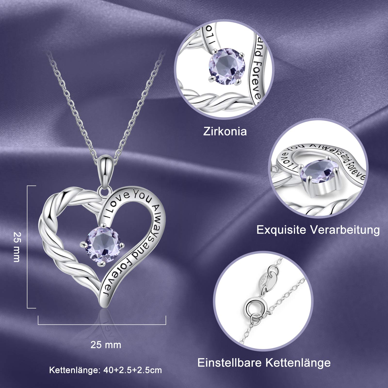 Jessemade Gioielli Collana Cuore Argento 925 con Pietra Mese Mamma