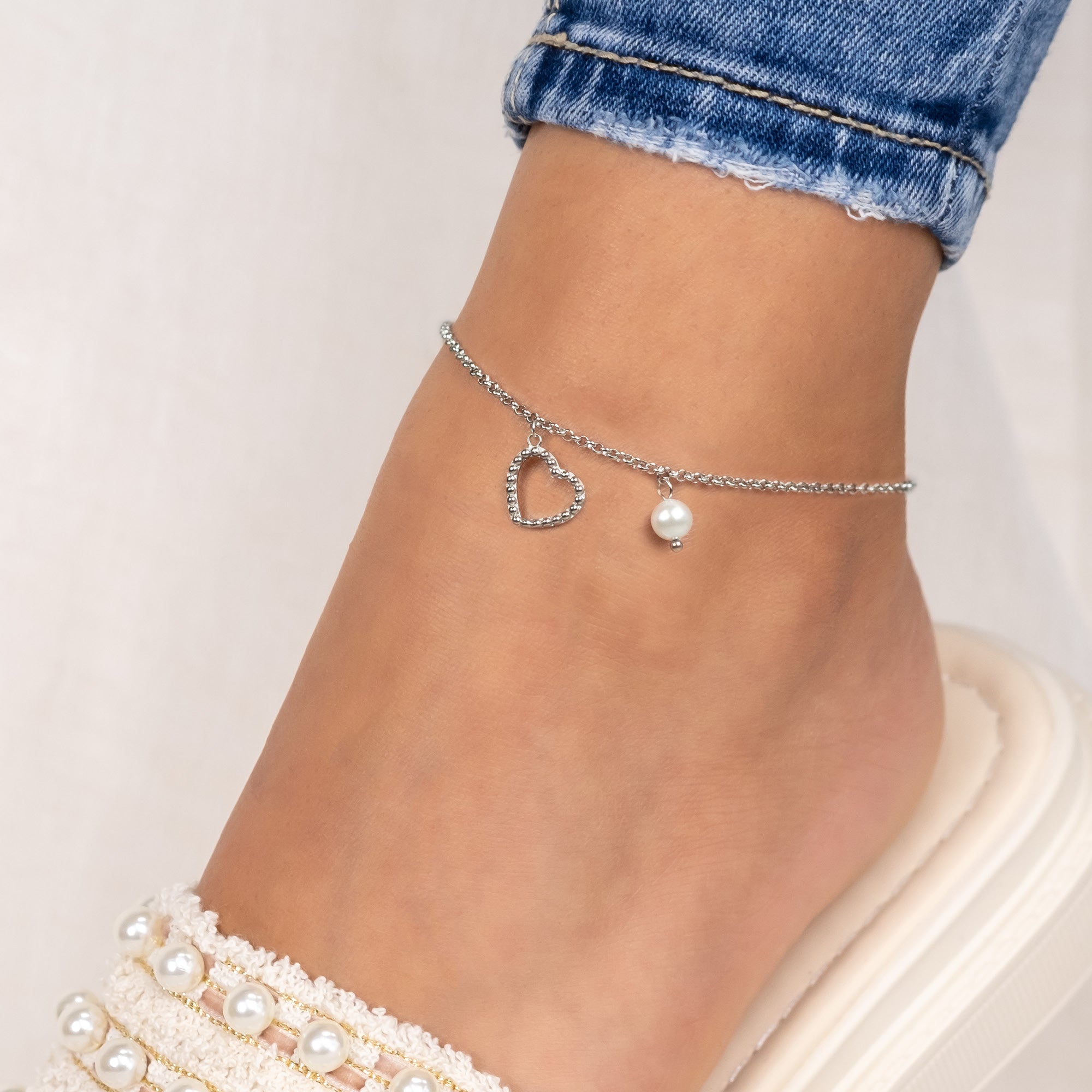 Engelsrufer cavigliera cuore acciaio con perla