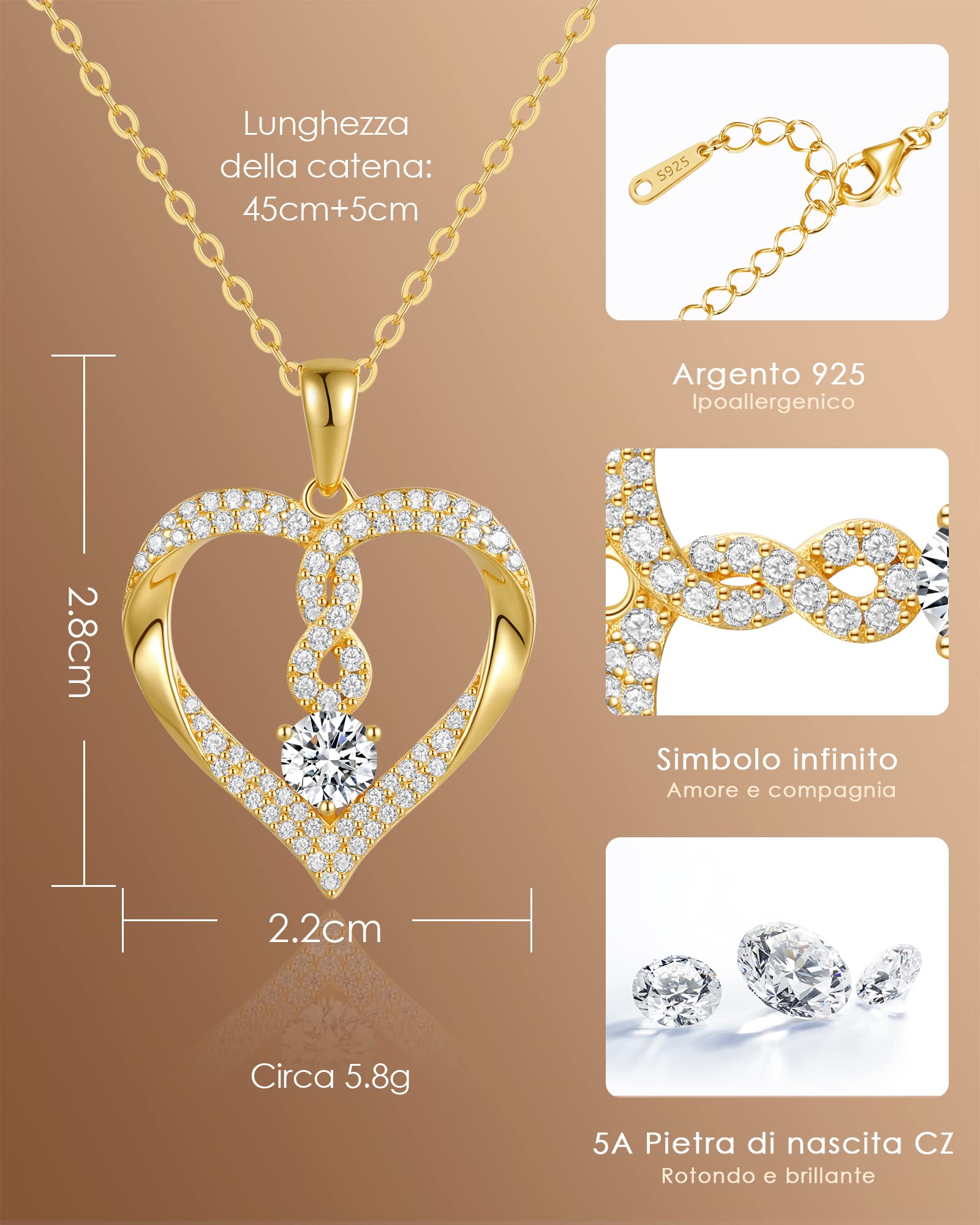 Louisa Secret Cuore Infinito Collana Oro Rosa Zirconia