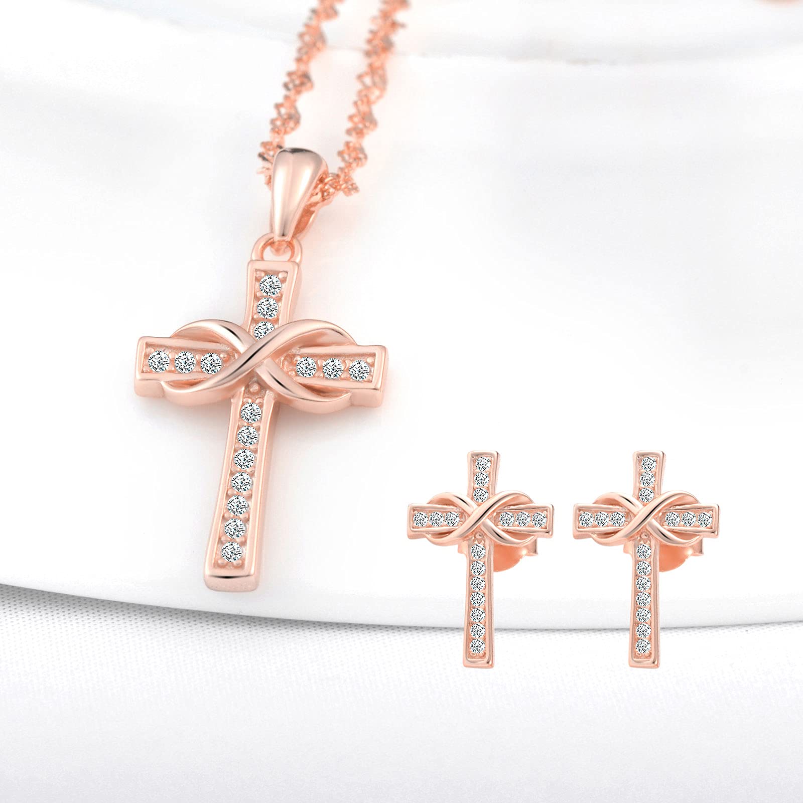 INFINIONLY Fashion Necklaces parure croce oro rosa zirconi