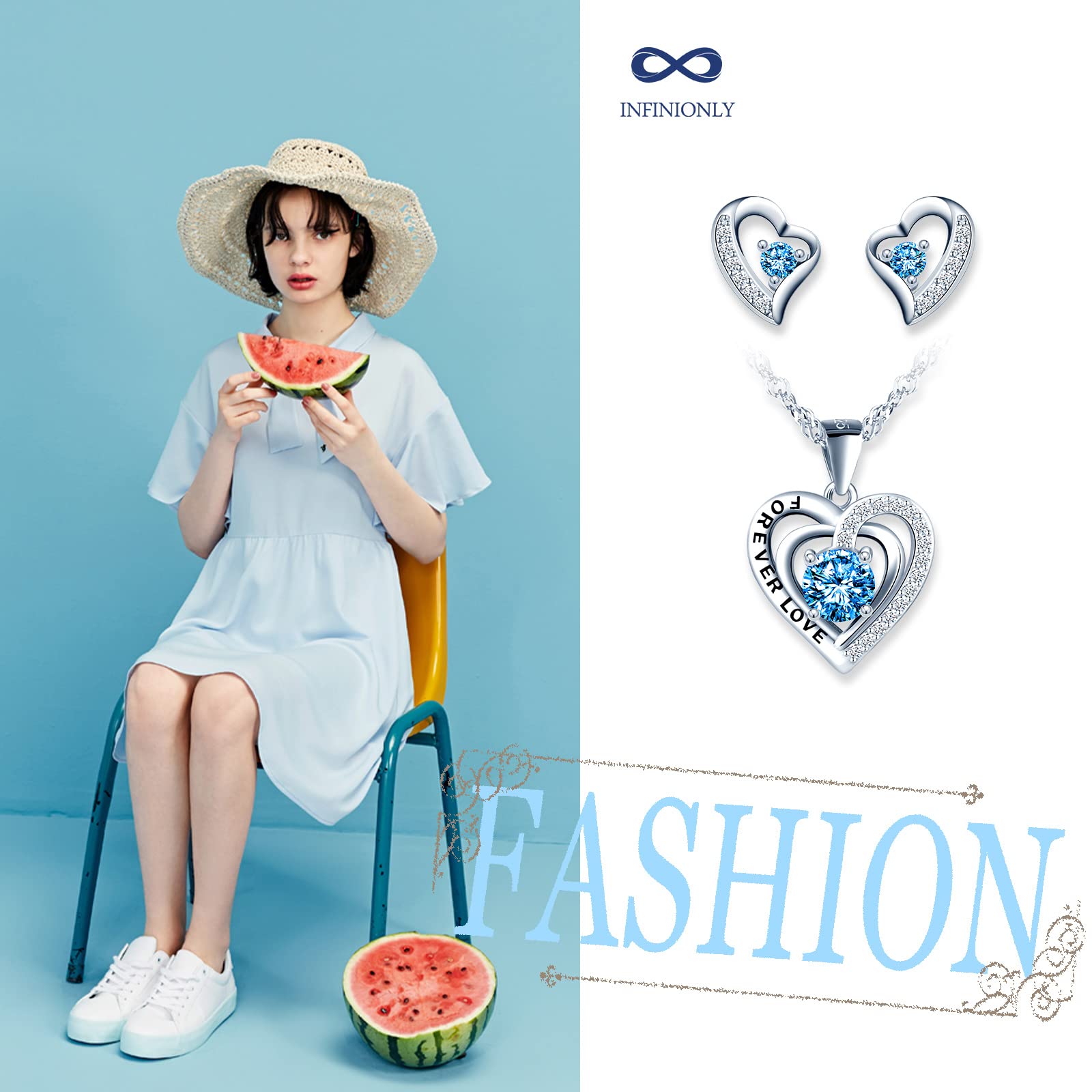 INFINIONLY Fashion Necklaces parure cuore azzurro 45cm