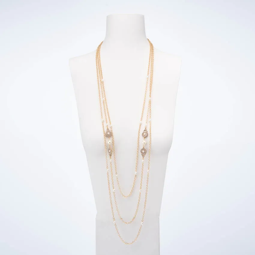 Chic Ad Hoc Collana tre fili perle oro cristalli lunga