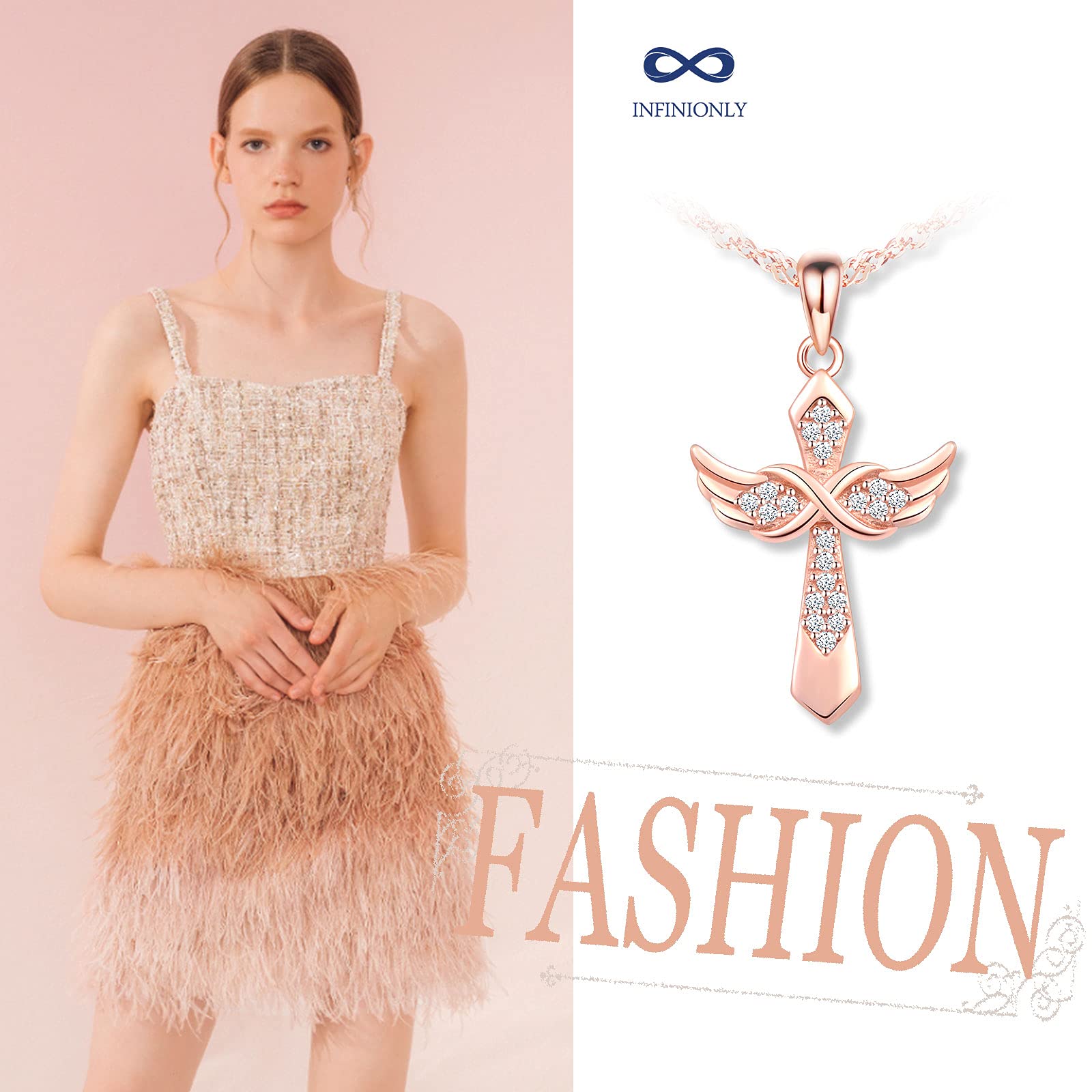 INFINIONLY Collana Croce Ala Argento 925 Oro Rosa Zircone