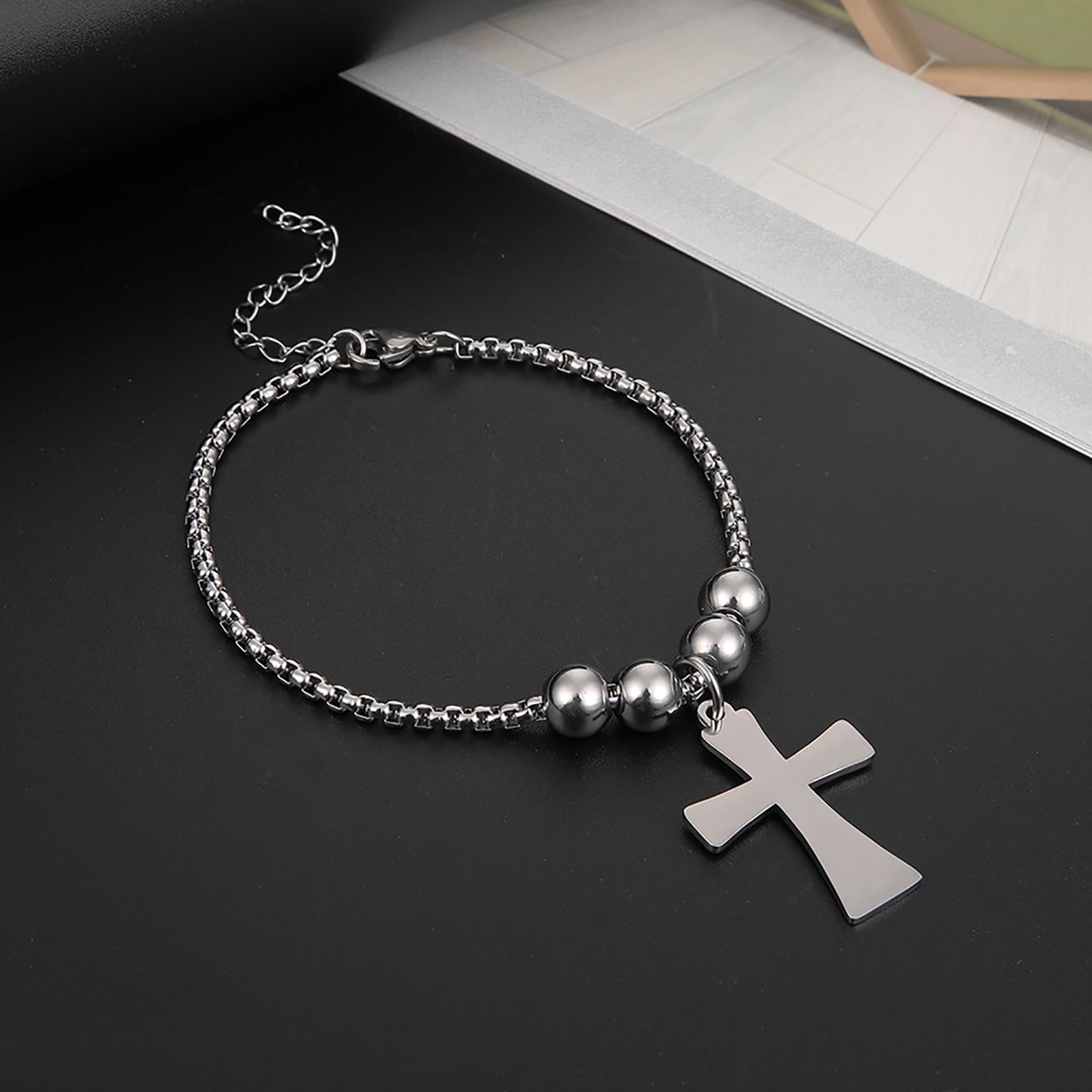 EUEAVAN Bracciale Croce Acciaio Inox Sfera Uomo Senza Pietra