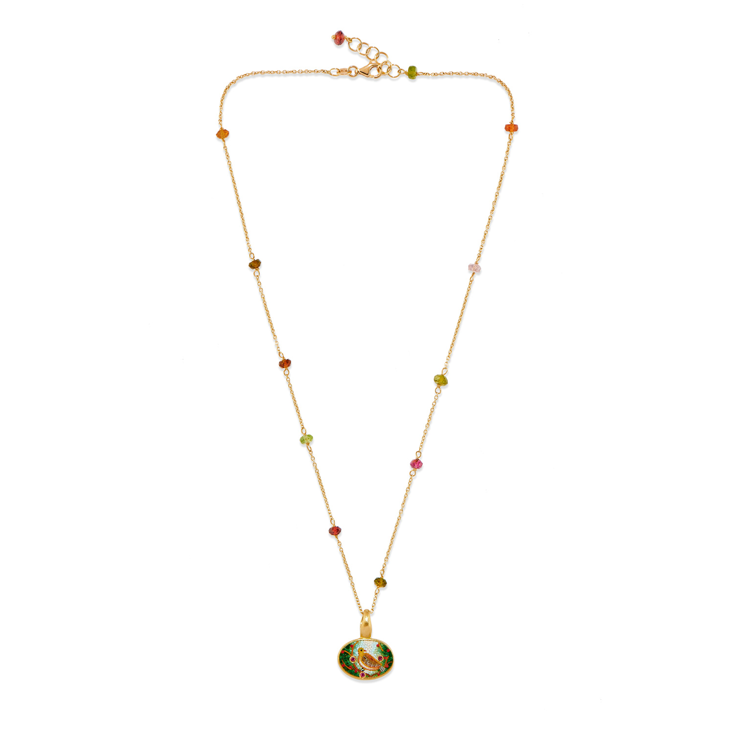Le Sibille Bird Collana oro 18ct rubini tormalina mosaico romano