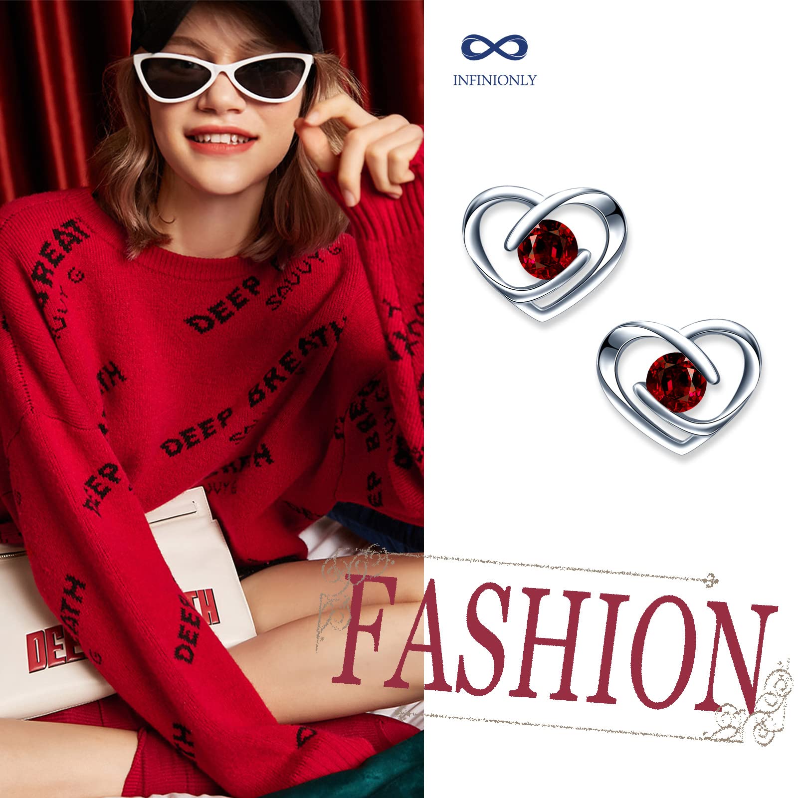 INFINIONLY Fashion Earrings orecchini cuore argento 925 rosso zirconi