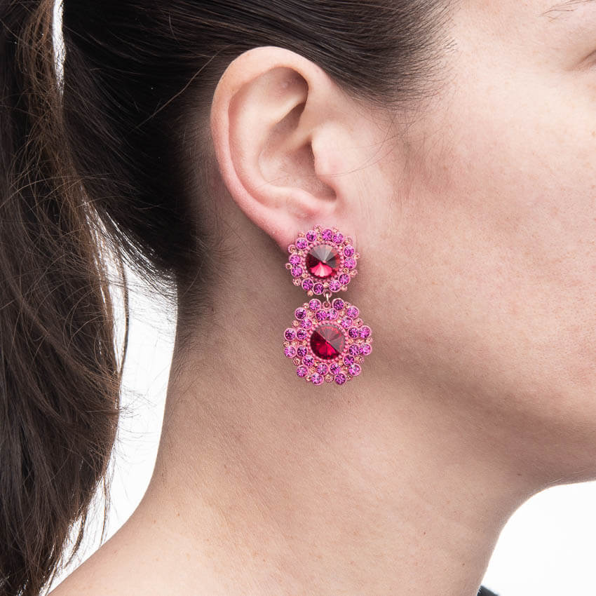 Chic Ad Hoc Orecchini Fiori Cristalli Fuxia Pendenti