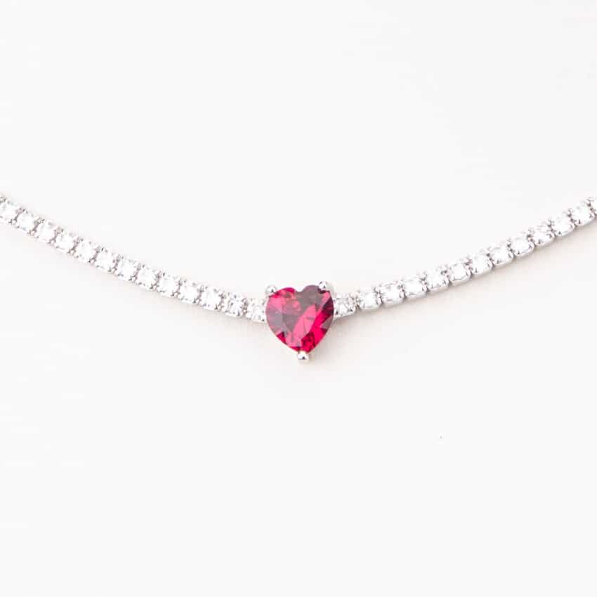 Chic Ad Hoc Collana tennis cuore rosso rubino argento
