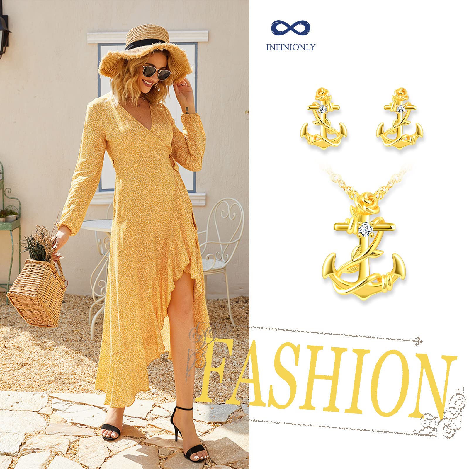 INFINIONLY Fashion Parure Collana Orecchini Ancora Oro