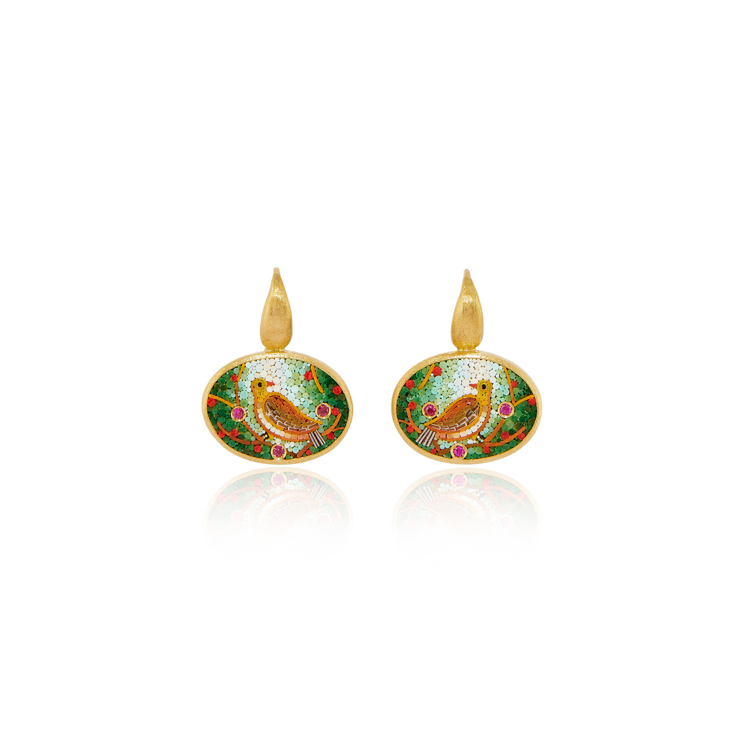 Le Sibille Bird Earrings orecchini oro rubini mosaico