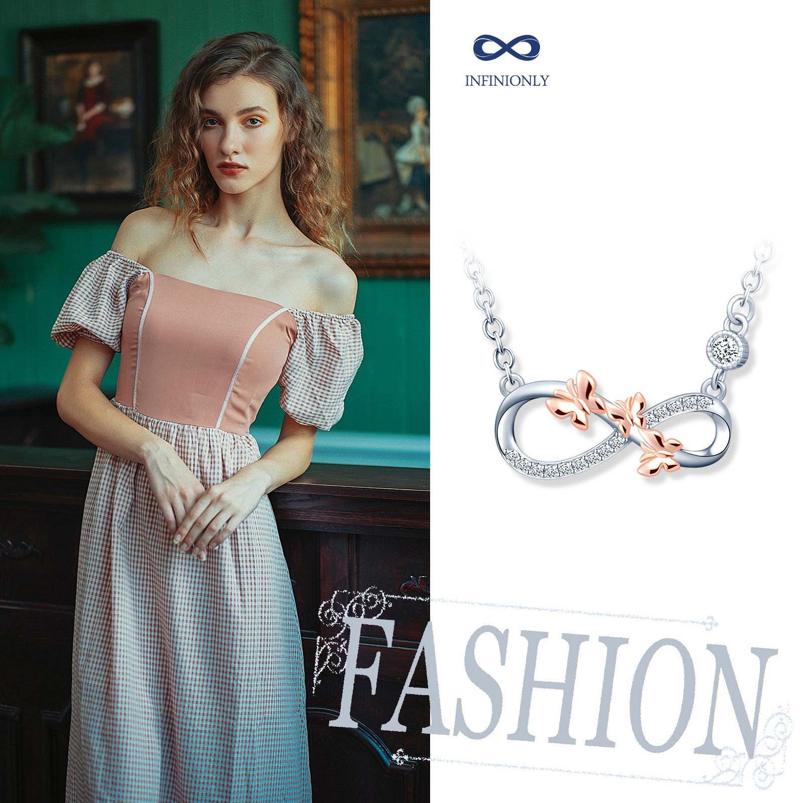 INFINIONLY Collana Argento 925 Infinito Farfalle Oro Rosa B