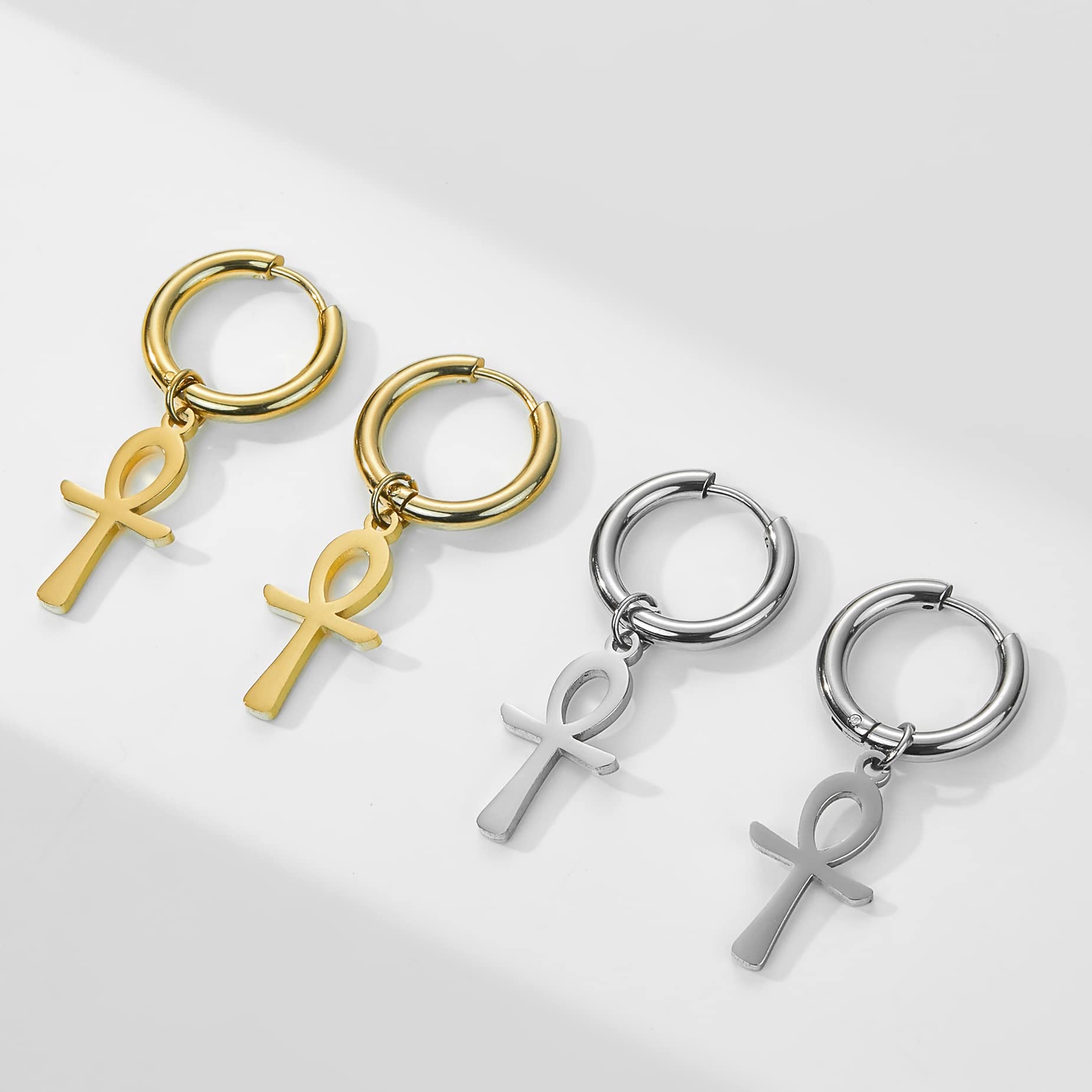 EUEAVAN Ankh Croce Egiziana Orecchini Acciaio Argento Amuleto