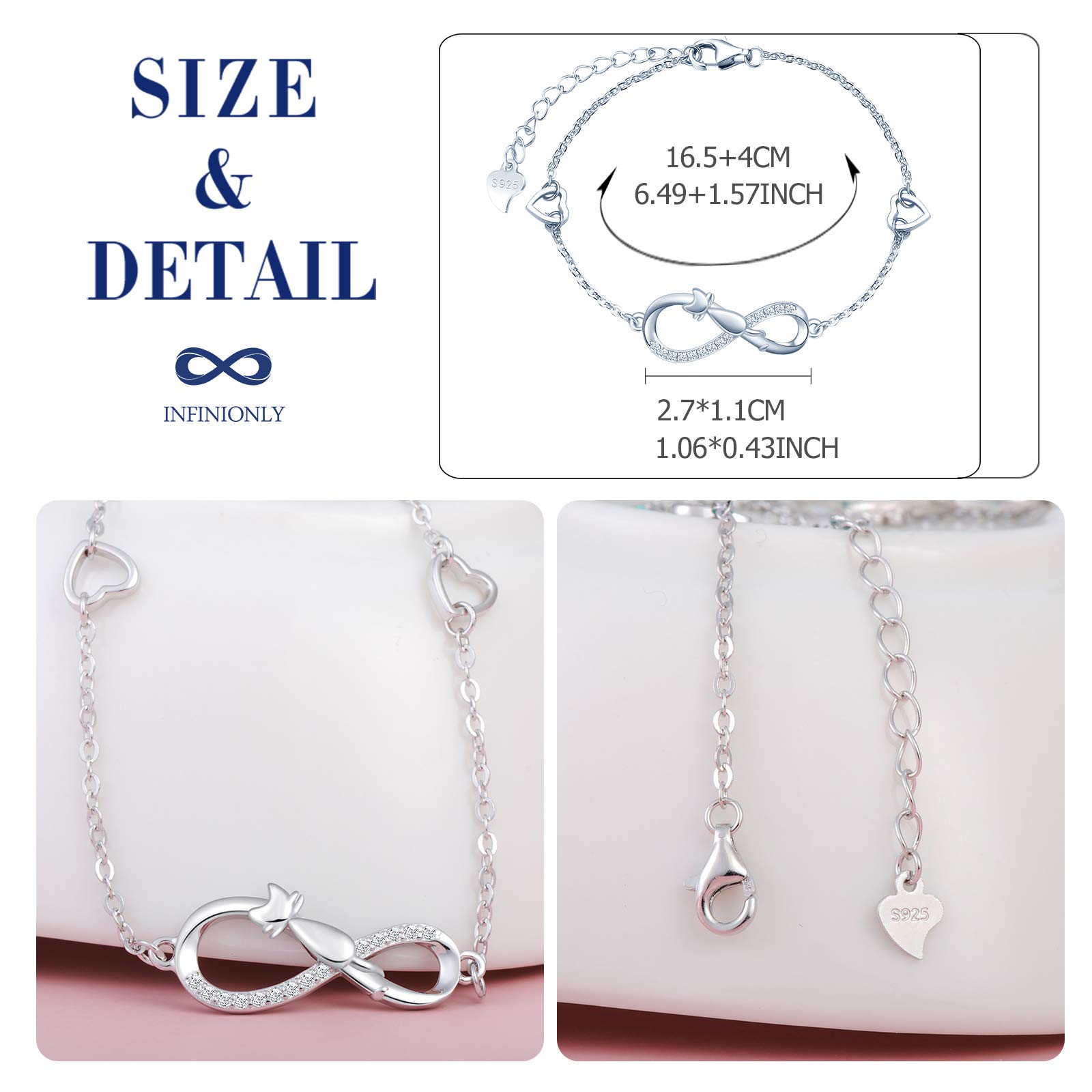 INFINIONLY bracciale argento 925 gatto cuore zirconi A-cuore