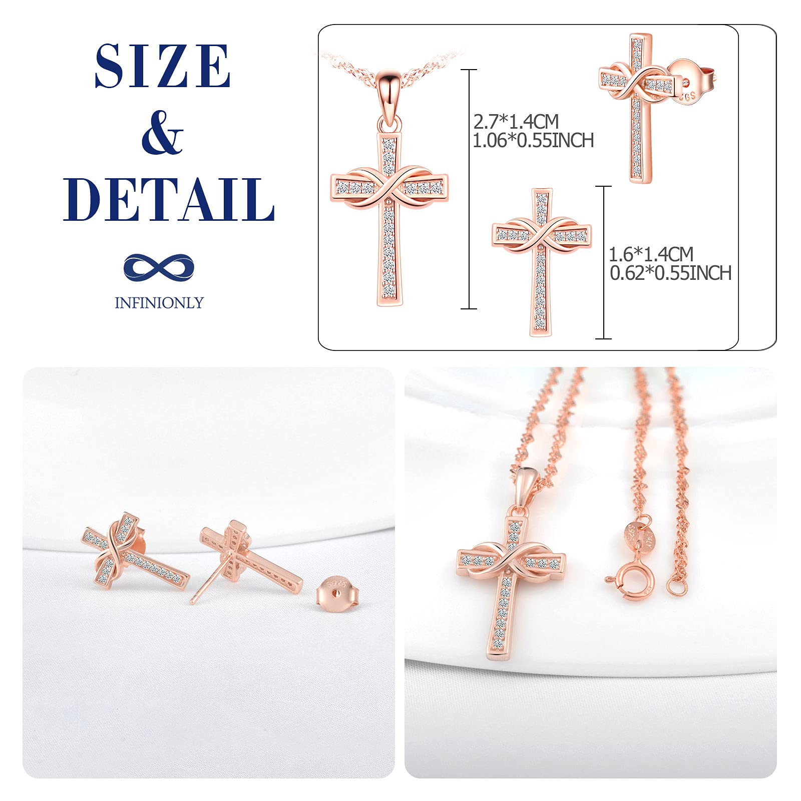 INFINIONLY Fashion Necklaces parure croce oro rosa zirconi