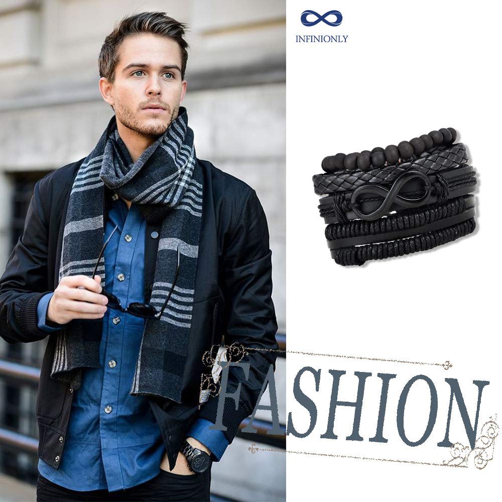 INFINIONLY Fashion Bracelets Bracciale Uomo Pelle Nero Infinito