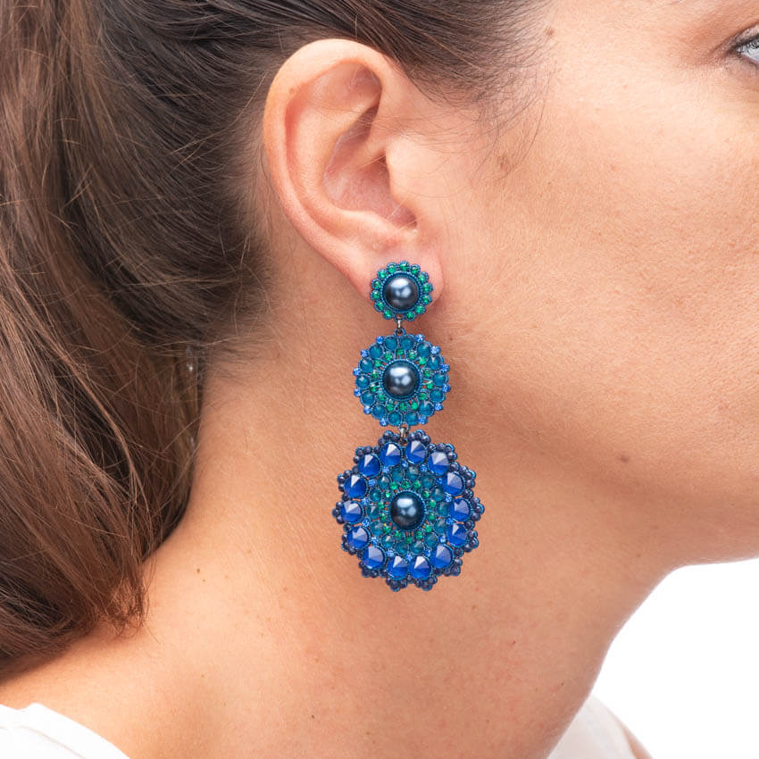 Chic Ad Hoc Orecchini Fiore Cristalli Bluette Turchese Pendenti