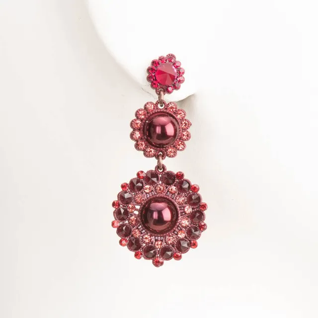 Chic Ad Hoc Orecchini Pendenti Fiore Cristalli Rosso Bordeaux
