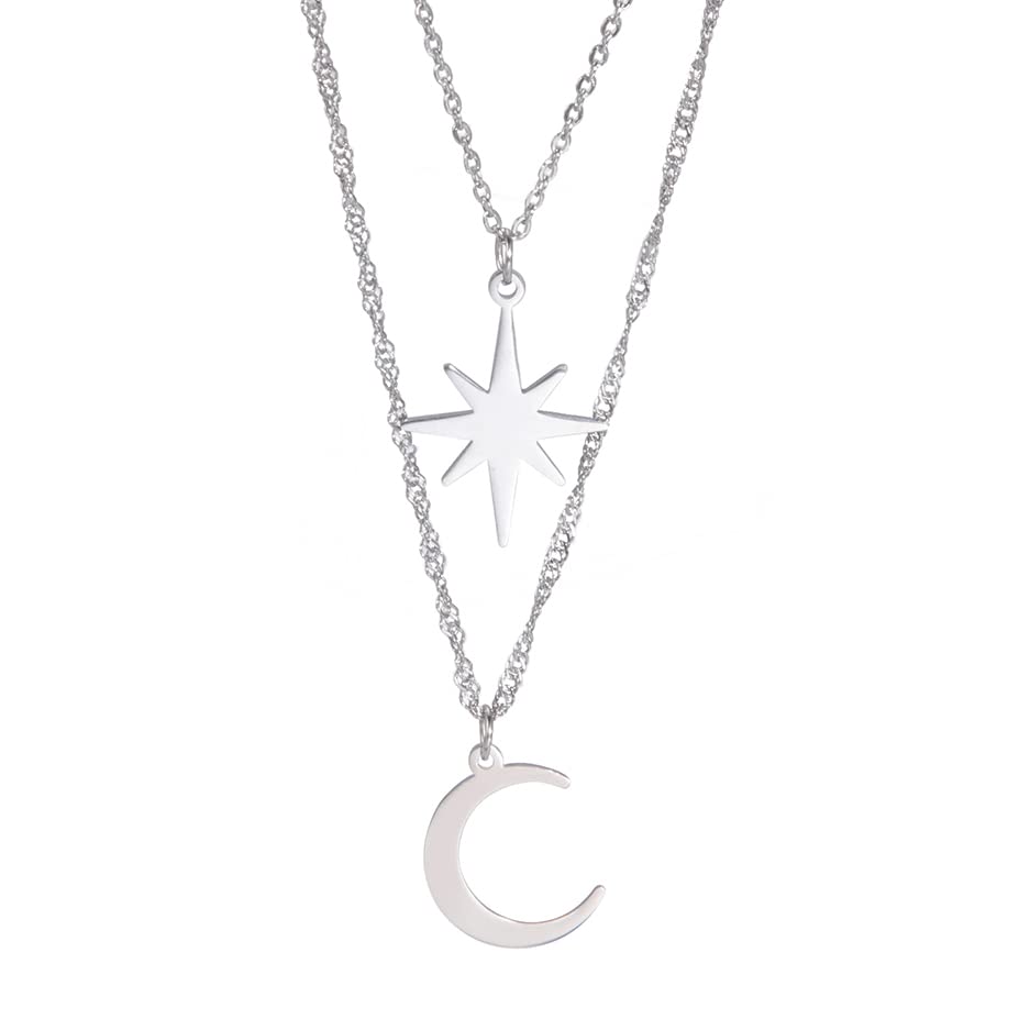 EUEAVAN Collana Luna Stella Acciaio Inox a Strati 2 Pezzi