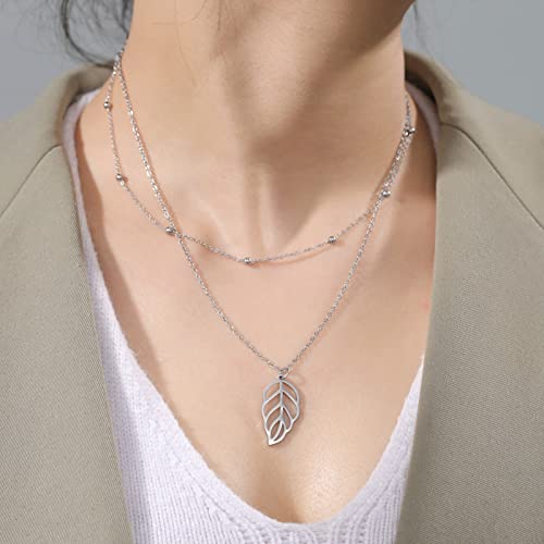 EUEAVAN Necklaces Collana Acciaio Foglia Doppia Catena Donna