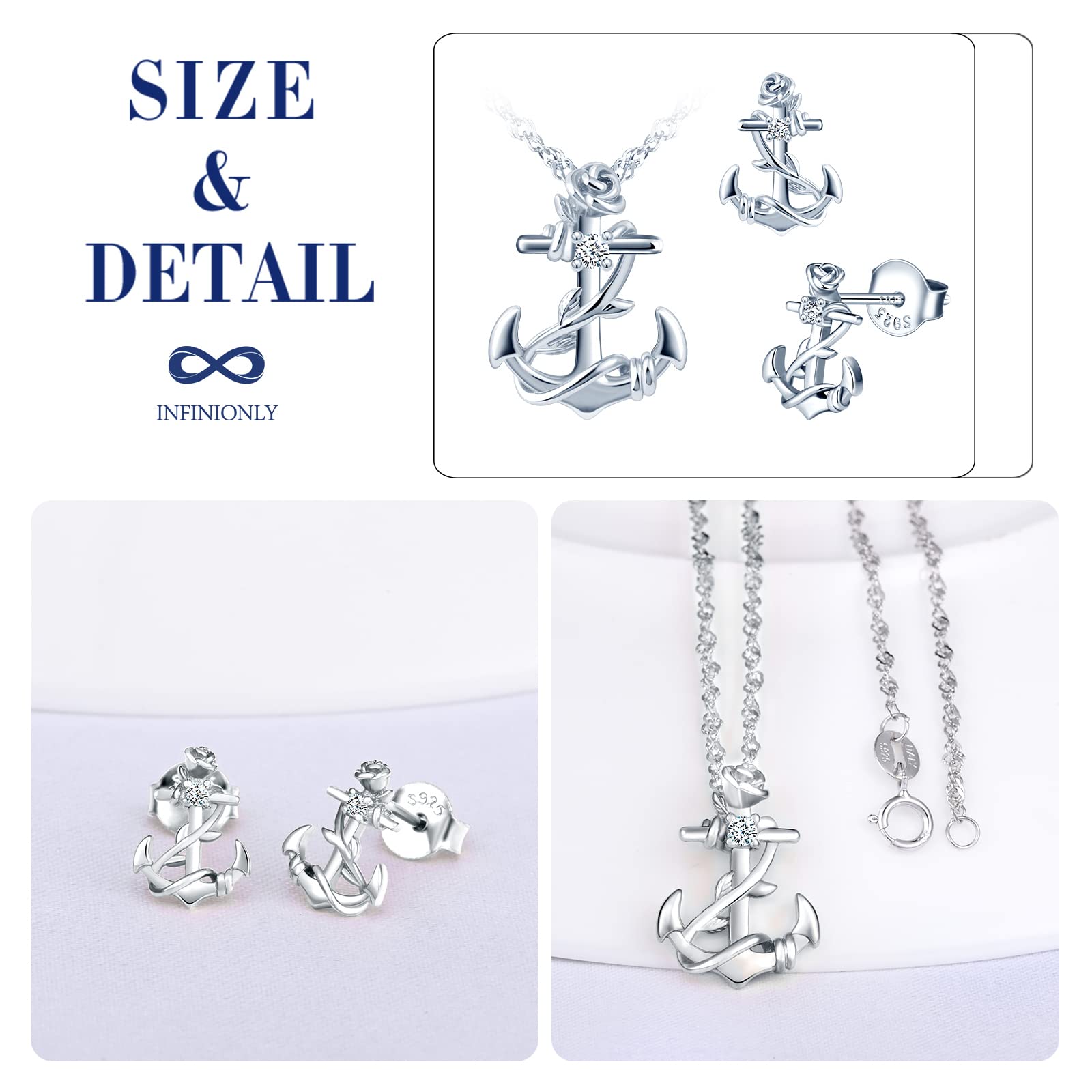 INFINIONLY Parure Collana Orecchini Argento Ancora Rosa