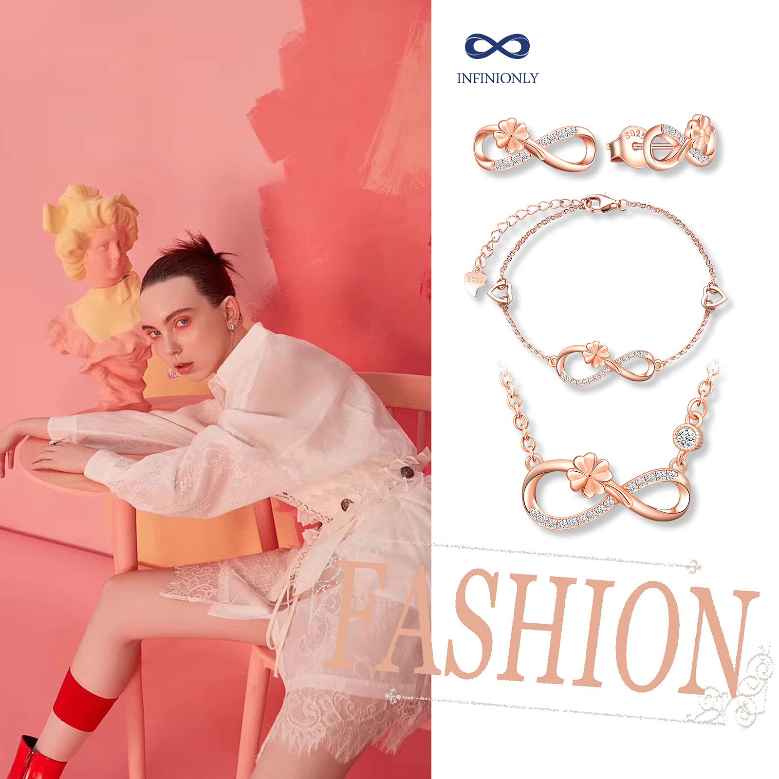 INFINIONLY Fashion Necklaces Parure Argento 925 Oro Rosa A Infinito