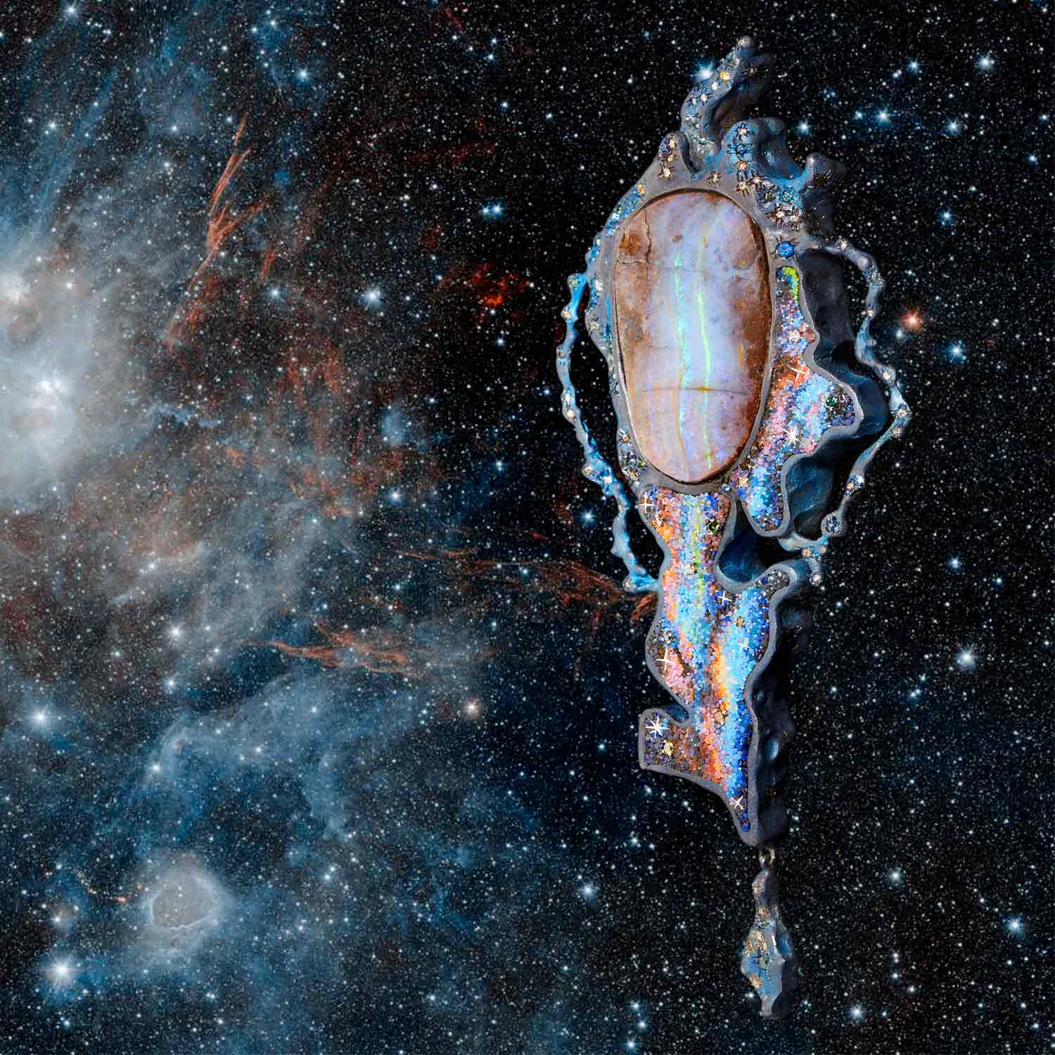 Le Sibille Blue Galaxy brooch pendente opale diamanti