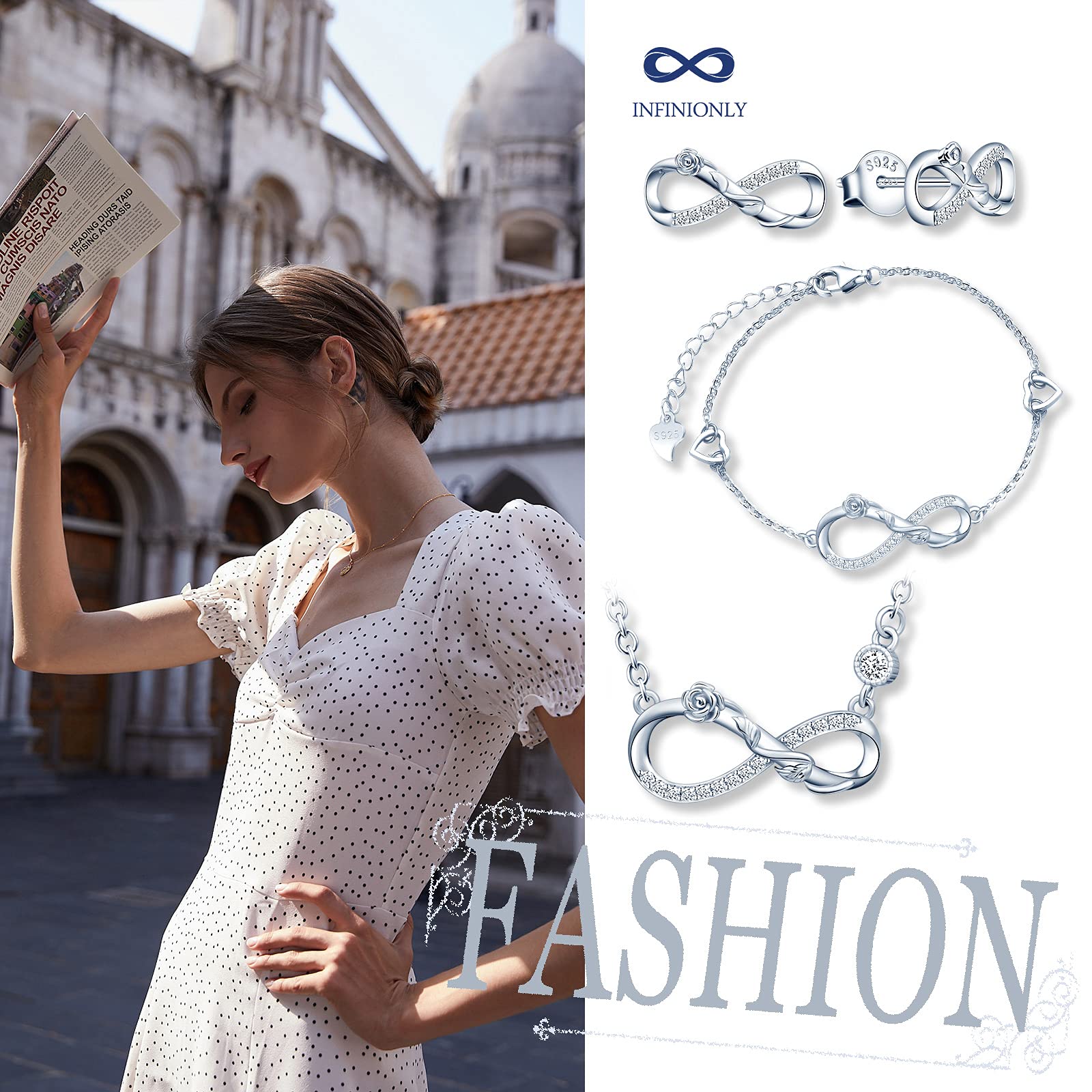 INFINIONLY Fashion Set Collana Bracciale Orecchini Rosa Argento