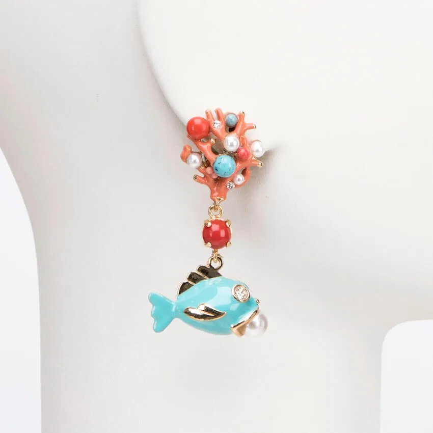 Chic Ad Hoc Orecchini Ramo Corallo e Pesce Turchese Clip