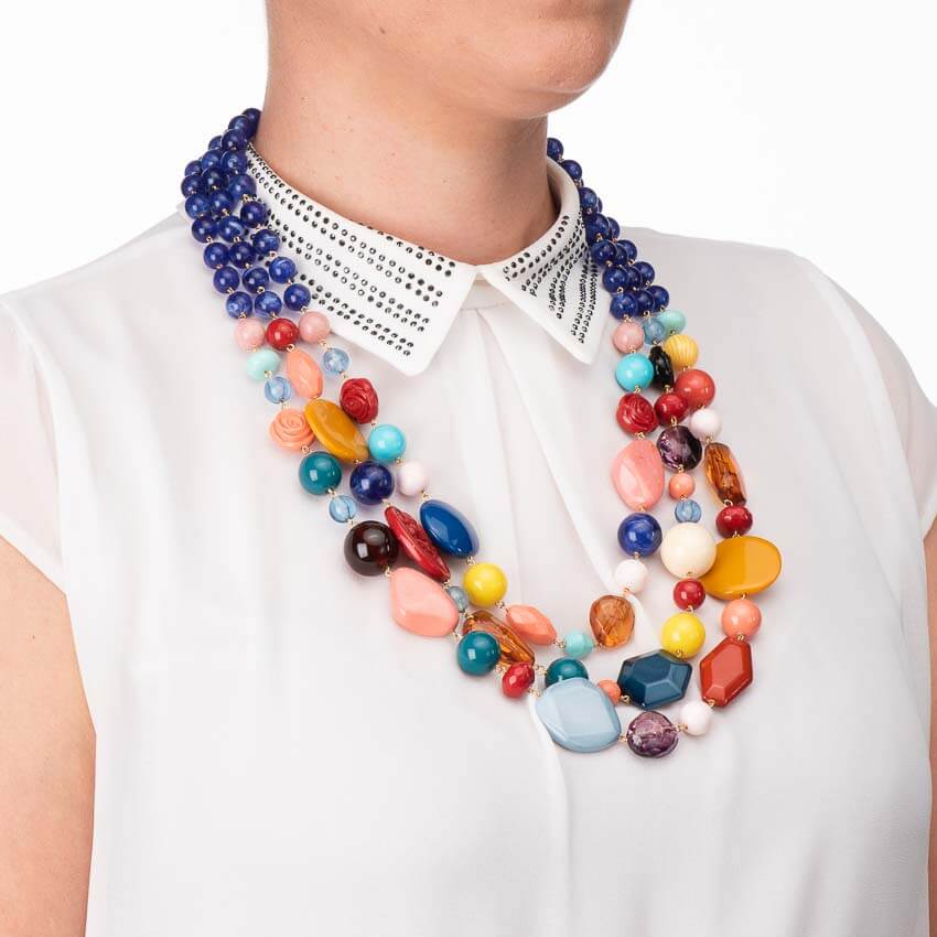 Chic Ad Hoc Collane lunga tre fili pietre multicolor perle blu