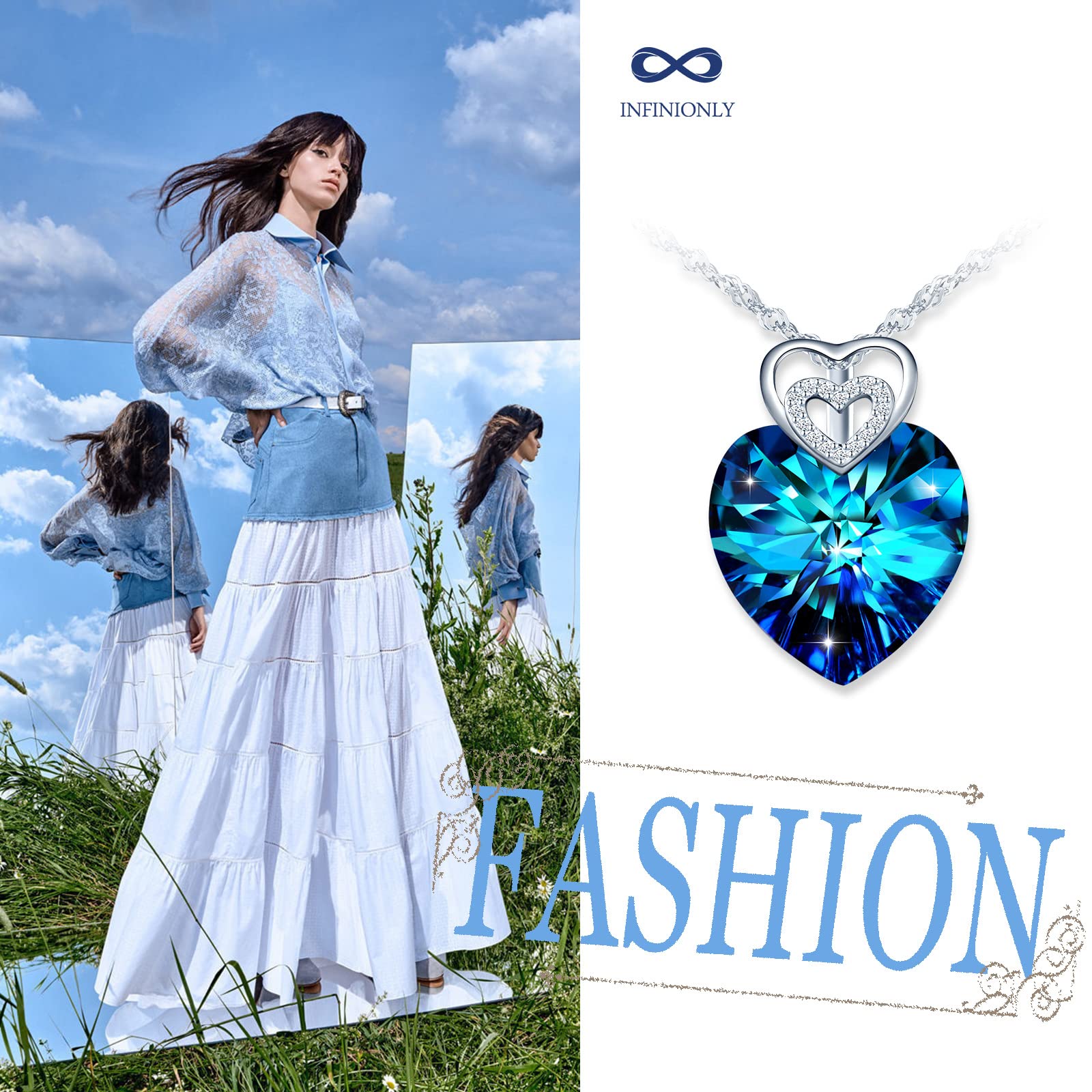 INFINIONLY Fashion Necklaces Collana Cuore Oceano Blu 45cm