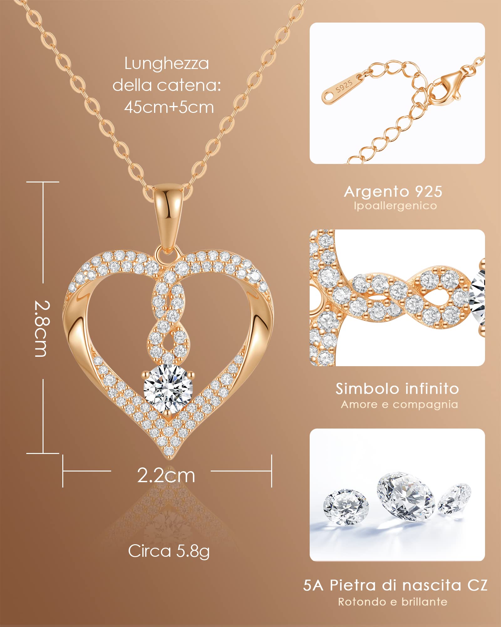 Louisa Secret Cuore Infinito Collana Oro Giallo Zirconia